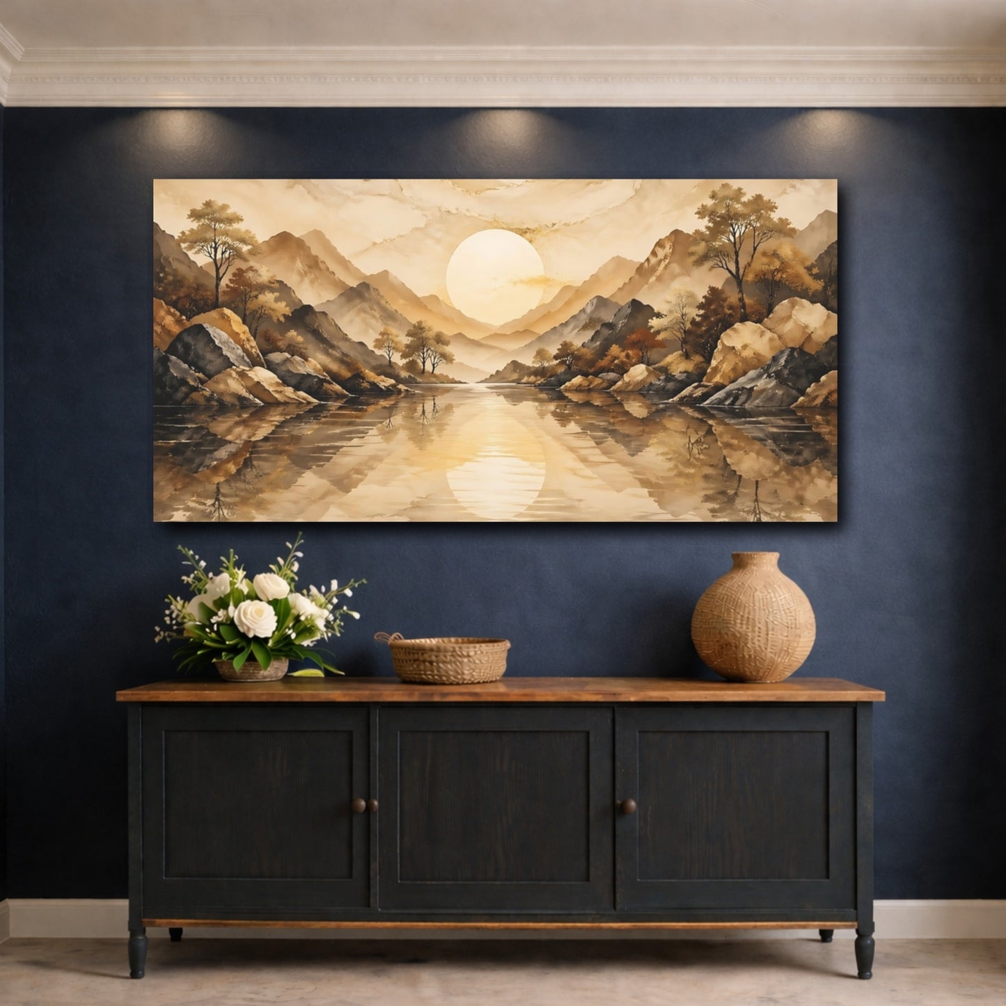 Mockup 4. Nature Mountain Lake Brown And Gold shown as stretched canvas wall art
