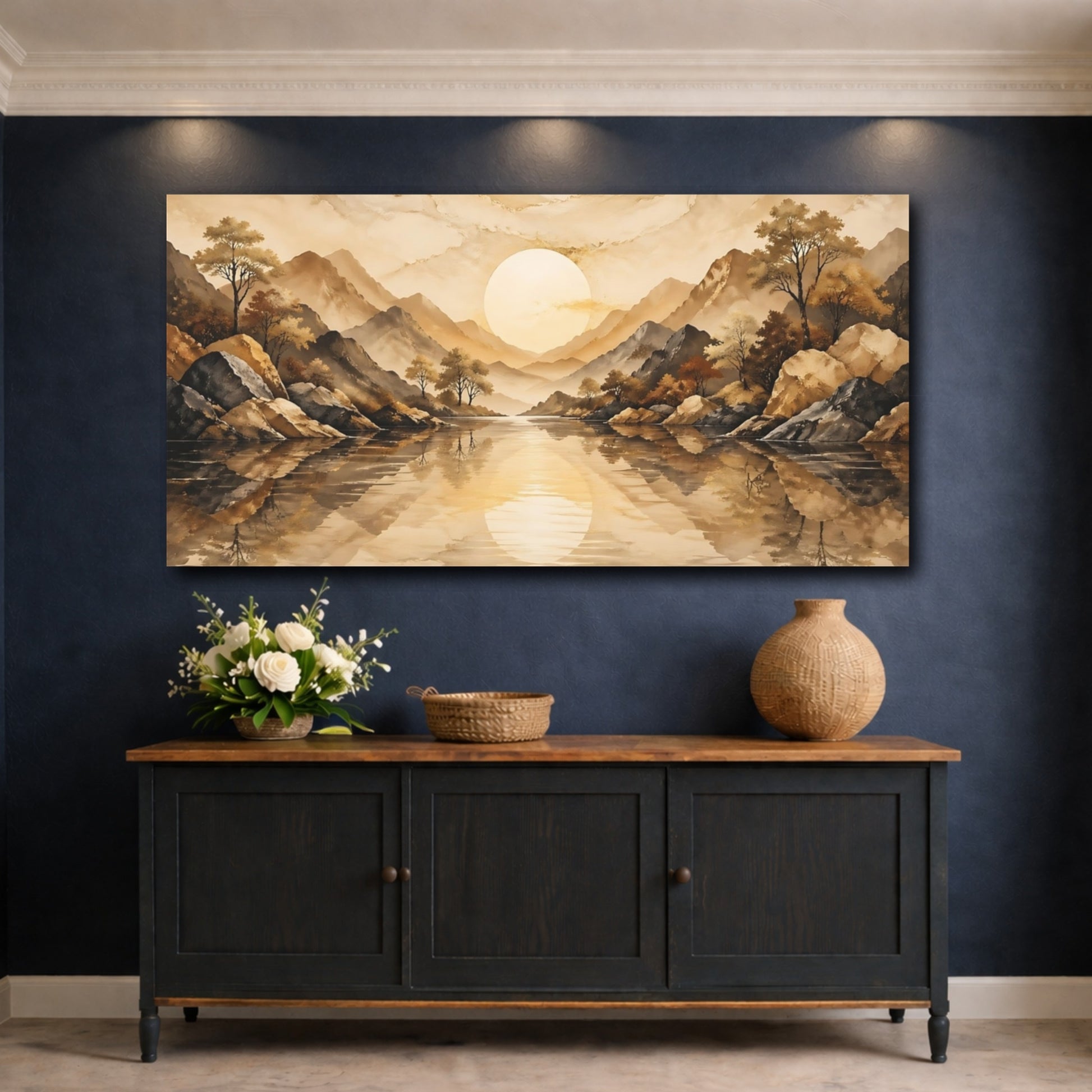 Mockup 4. Nature Mountain Lake Brown And Gold shown as stretched canvas wall art