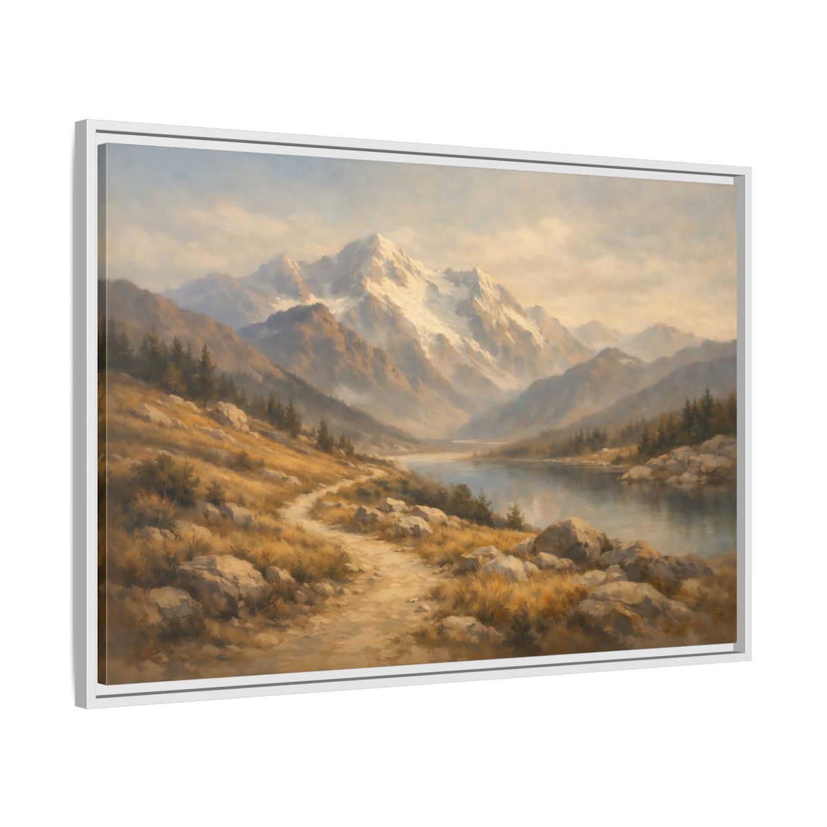 Side Mockup 8. Nature Mountain Lake Mountain Lake Brown Blue shown as stretched canvas wall art