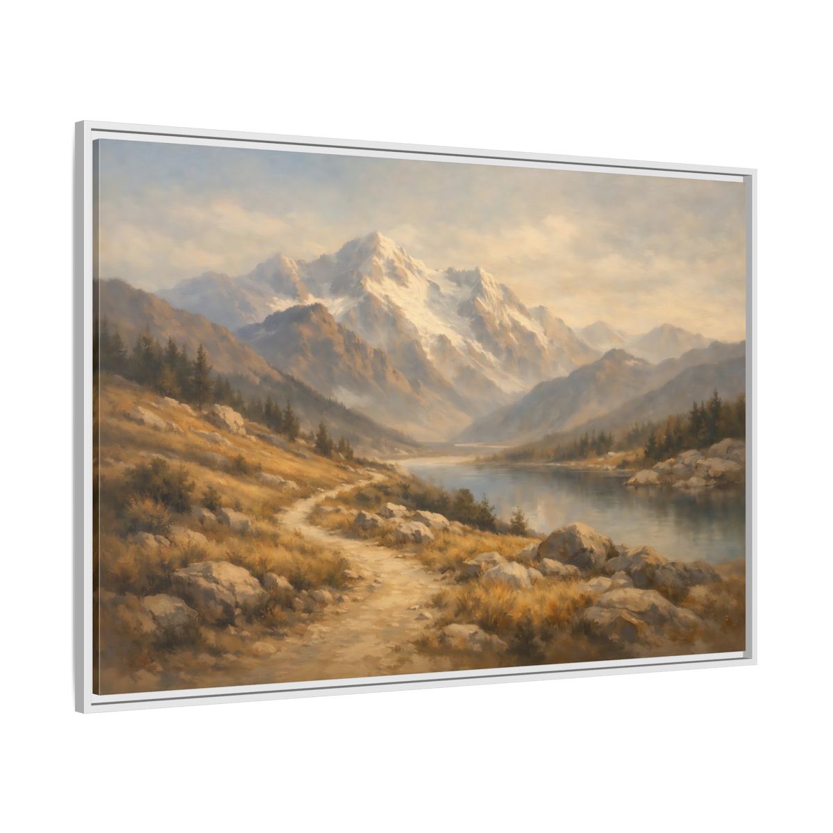 Side Mockup 7. Nature Mountain Lake Mountain Lake Brown Blue shown as stretched canvas wall art