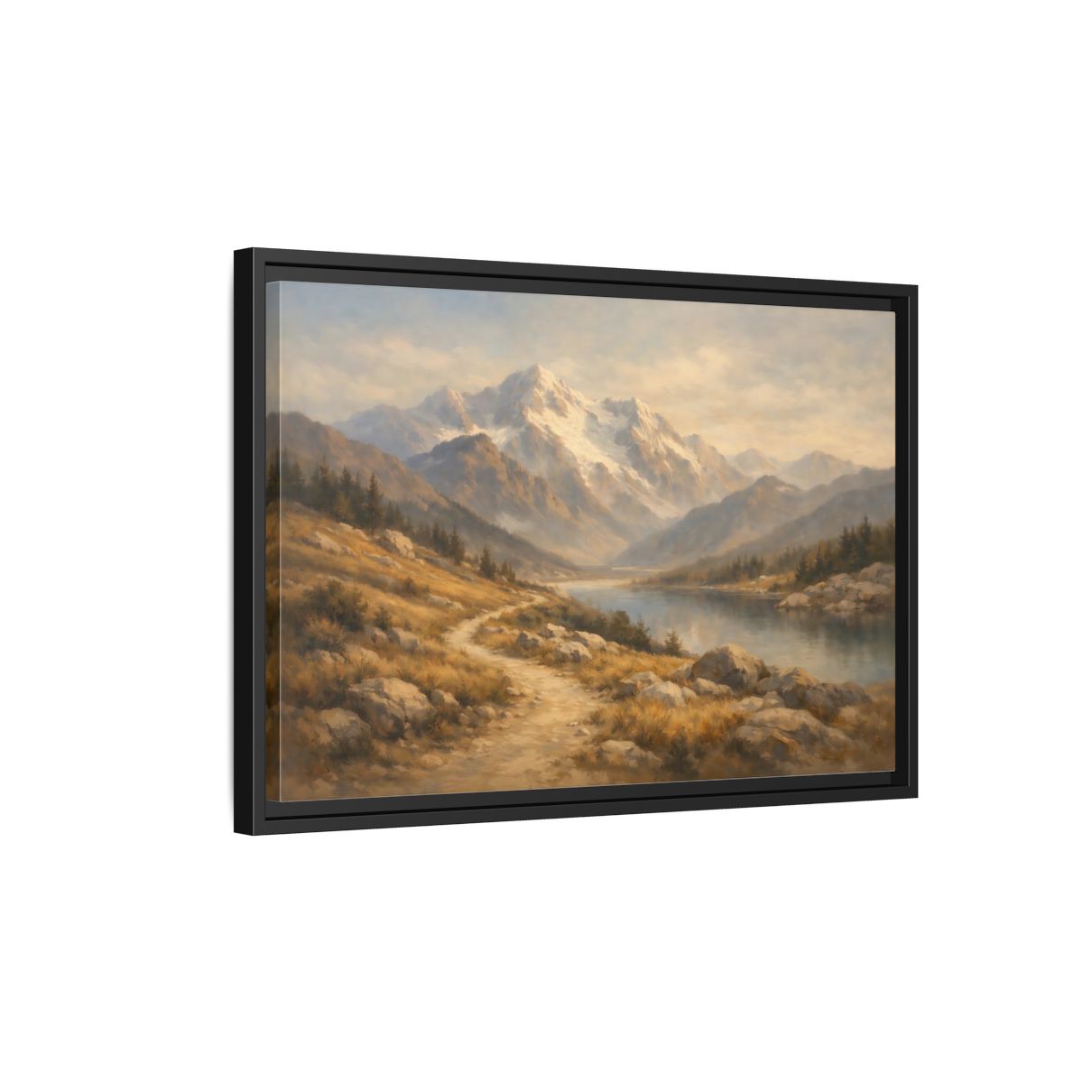 Side Mockup 3. Nature Mountain Lake Mountain Lake Brown Blue shown as stretched canvas wall art