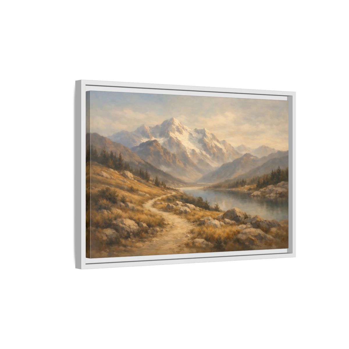 Side Mockup 1. Nature Mountain Lake Mountain Lake Brown Blue shown as stretched canvas wall art