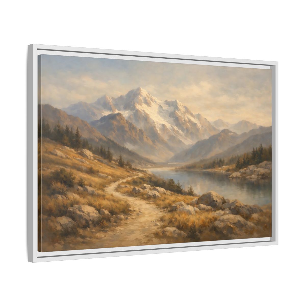 Side Mockup 10. Nature Mountain Lake Mountain Lake Brown Blue shown as stretched canvas wall art