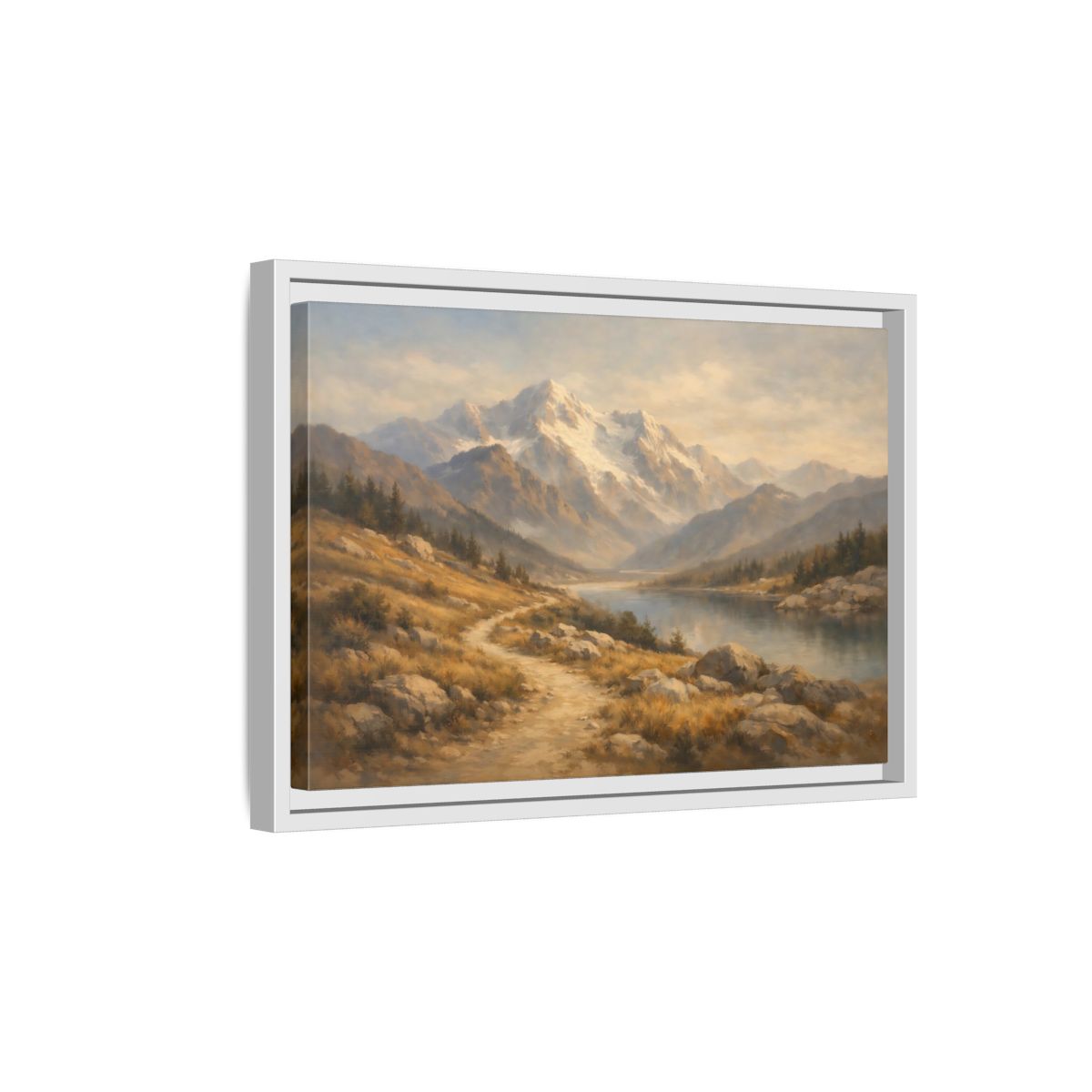 Side Mockup 4. Nature Mountain Lake Mountain Lake Brown Blue shown as stretched canvas wall art