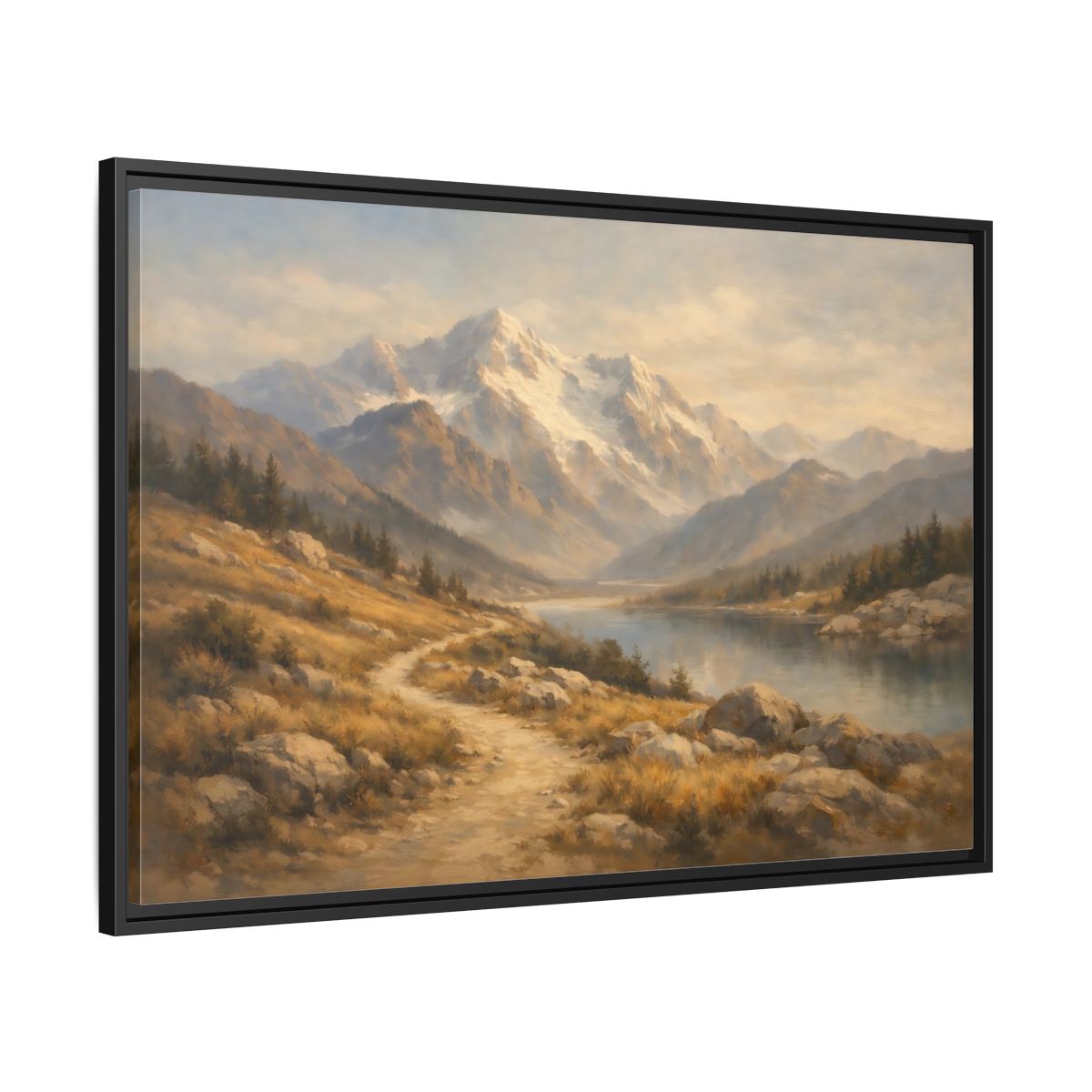 Side Mockup 13. Nature Mountain Lake Mountain Lake Brown Blue shown as stretched canvas wall art