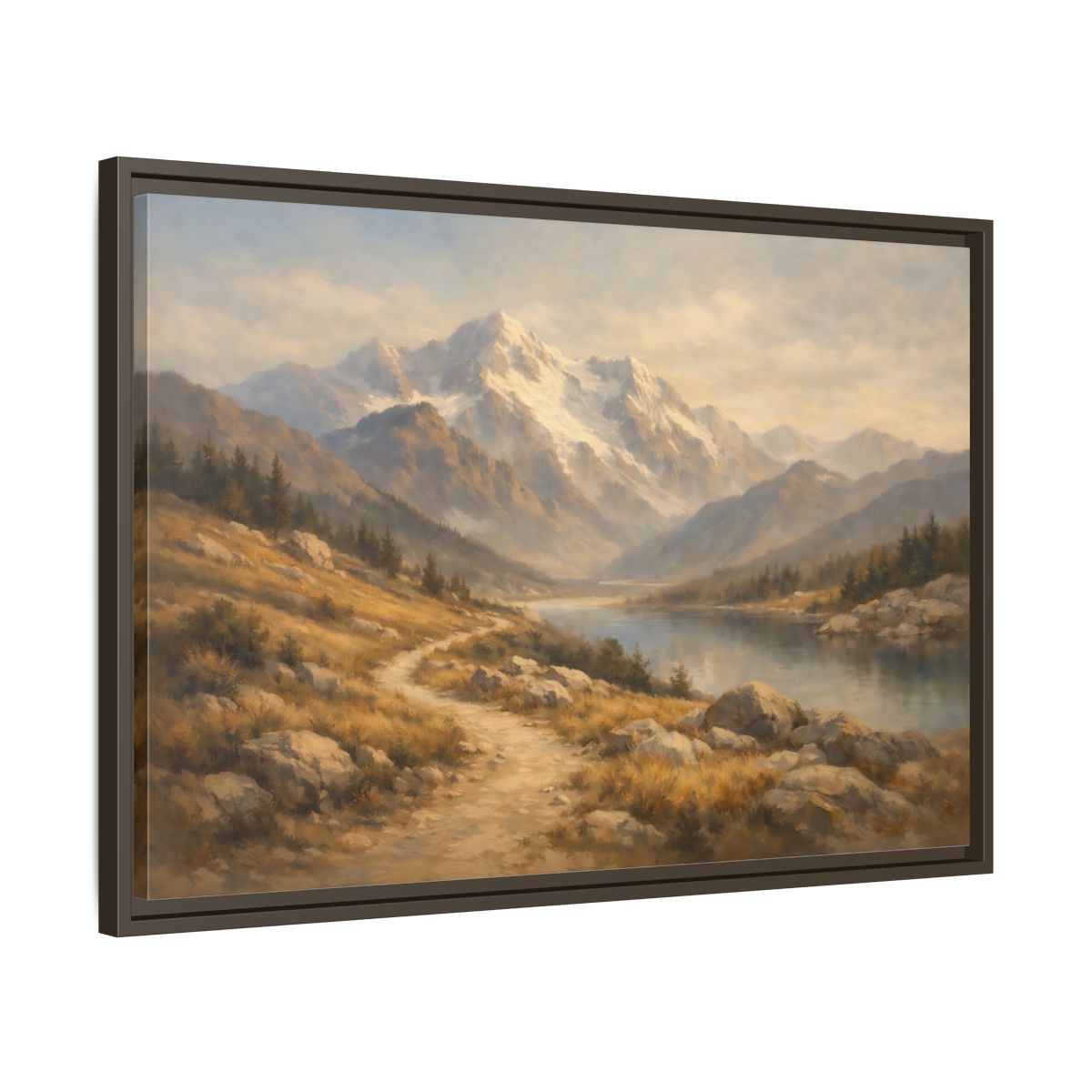Side Mockup 11. Nature Mountain Lake Mountain Lake Brown Blue shown as stretched canvas wall art
