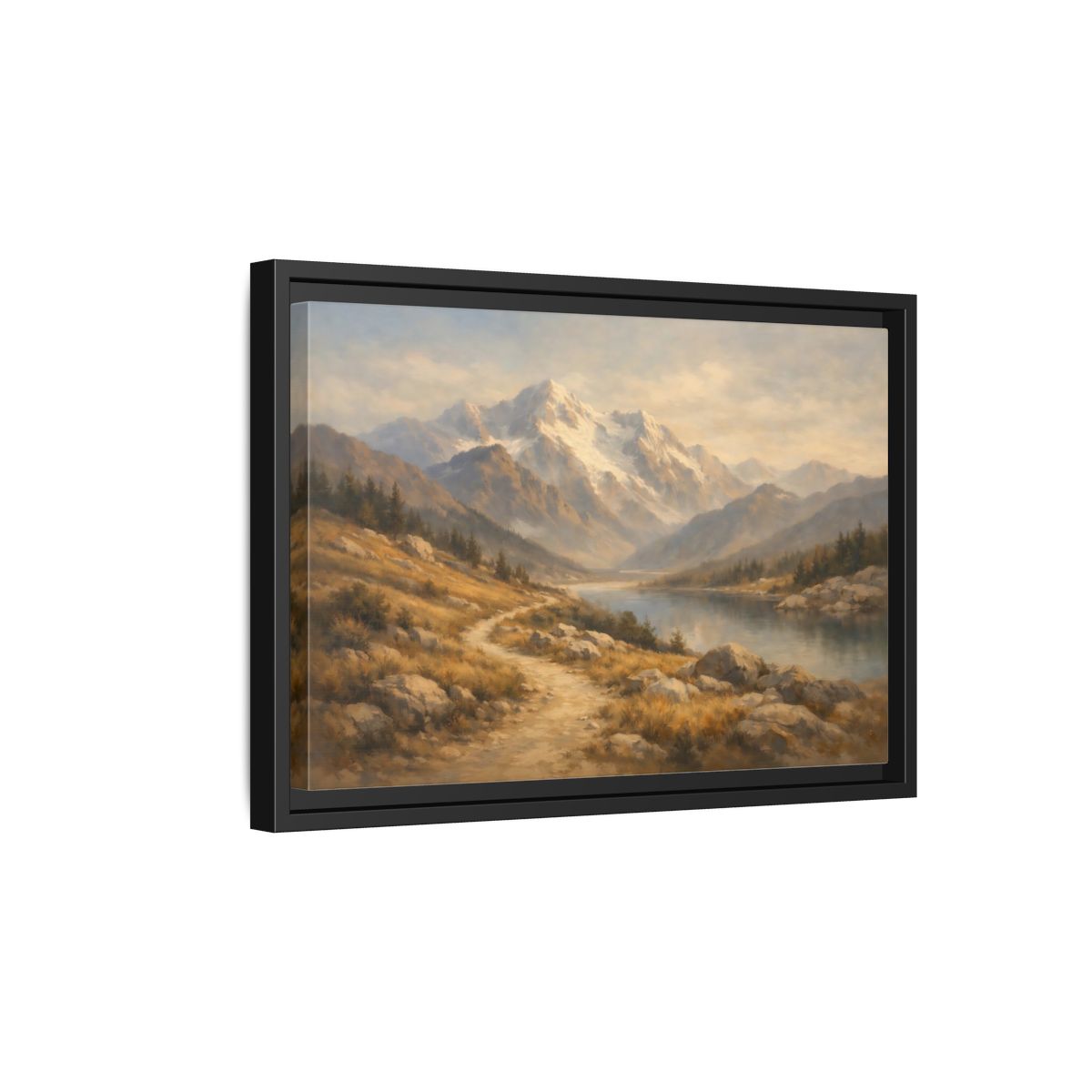 Side Mockup 6. Nature Mountain Lake Mountain Lake Brown Blue shown as stretched canvas wall art