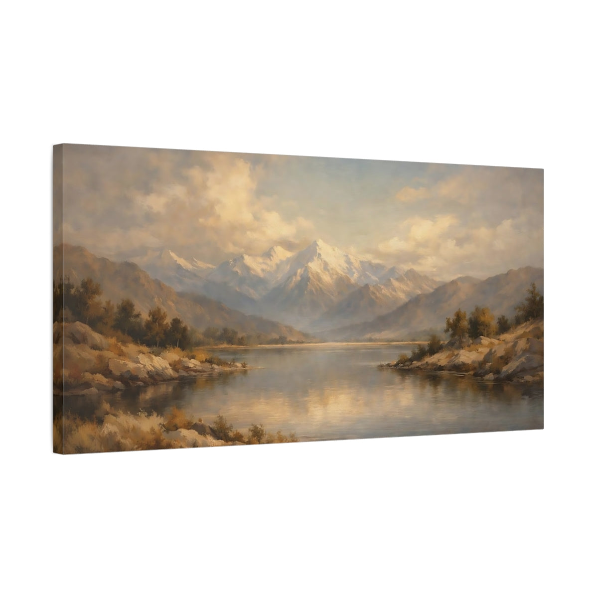 Side Mockup 2. Nature Mountain Lake Mountain Lake shown as stretched canvas wall art