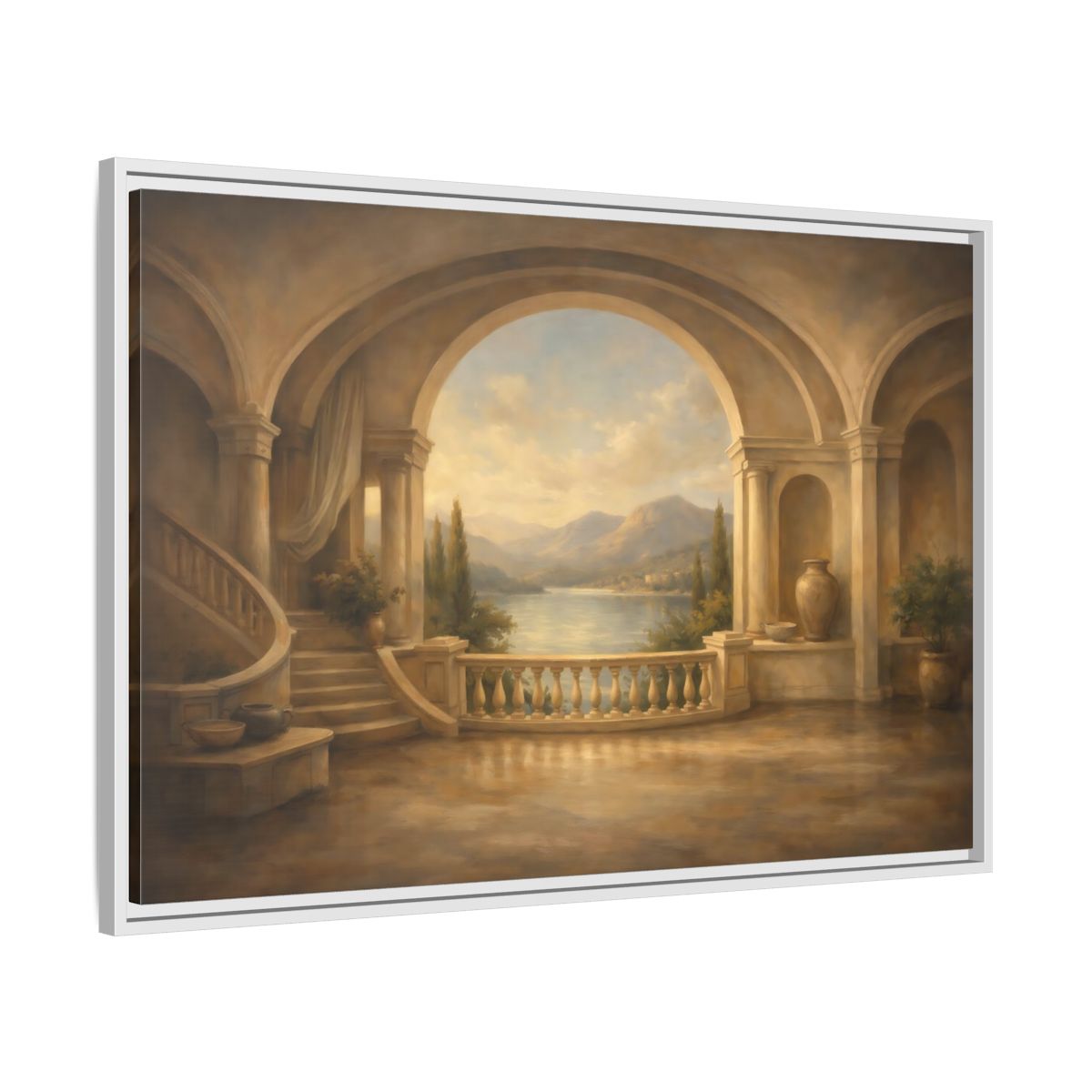 Side Mockup 8. Nature Mountain Lake Earthy Blue shown as stretched canvas wall art