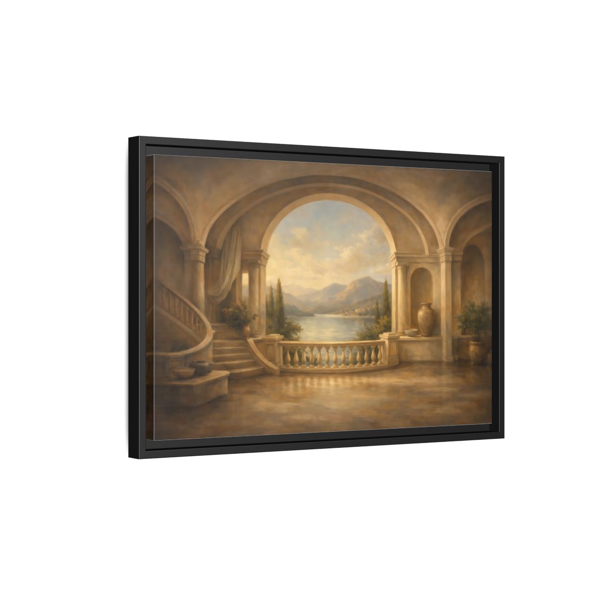 Side Mockup 3. Nature Mountain Lake Earthy Blue shown as stretched canvas wall art