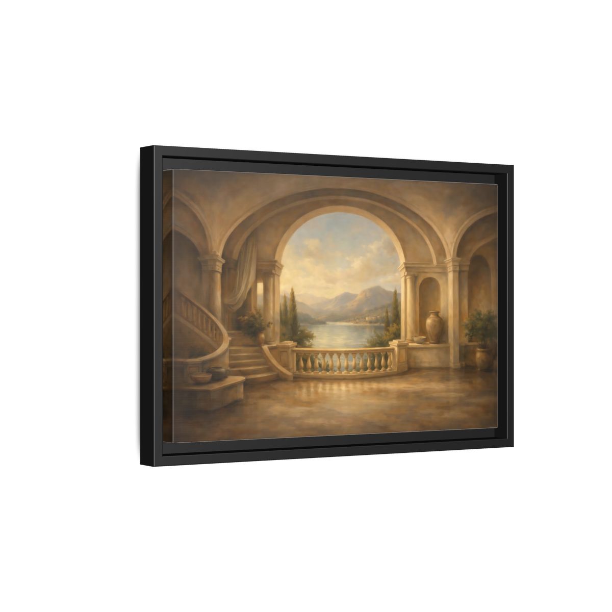 Side Mockup 6. Nature Mountain Lake Earthy Blue shown as stretched canvas wall art