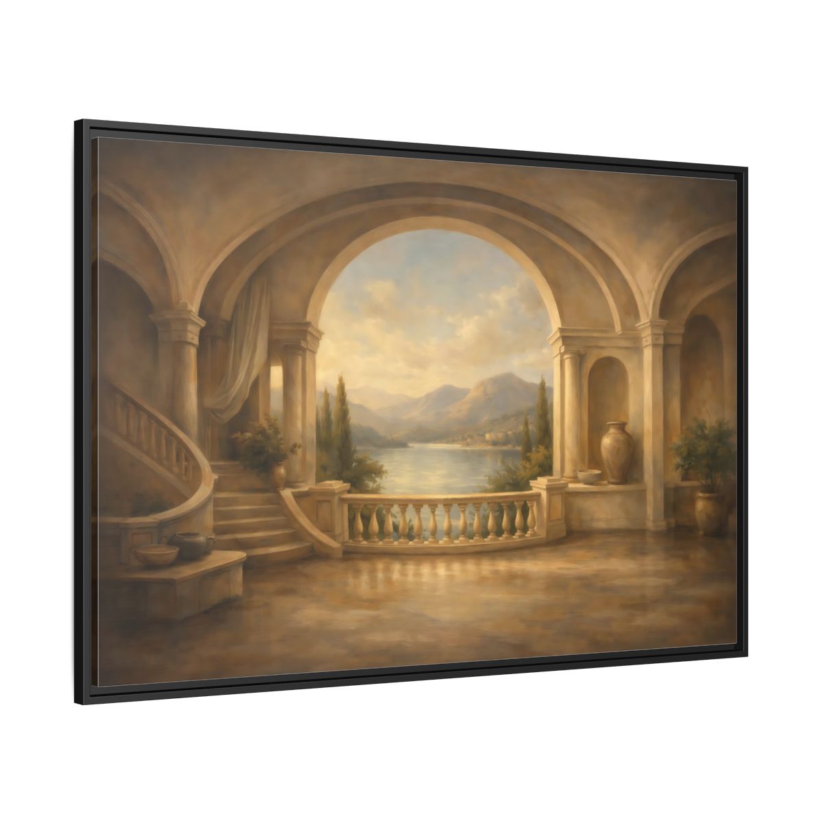 Side Mockup 12. Nature Mountain Lake Earthy Blue shown as stretched canvas wall art