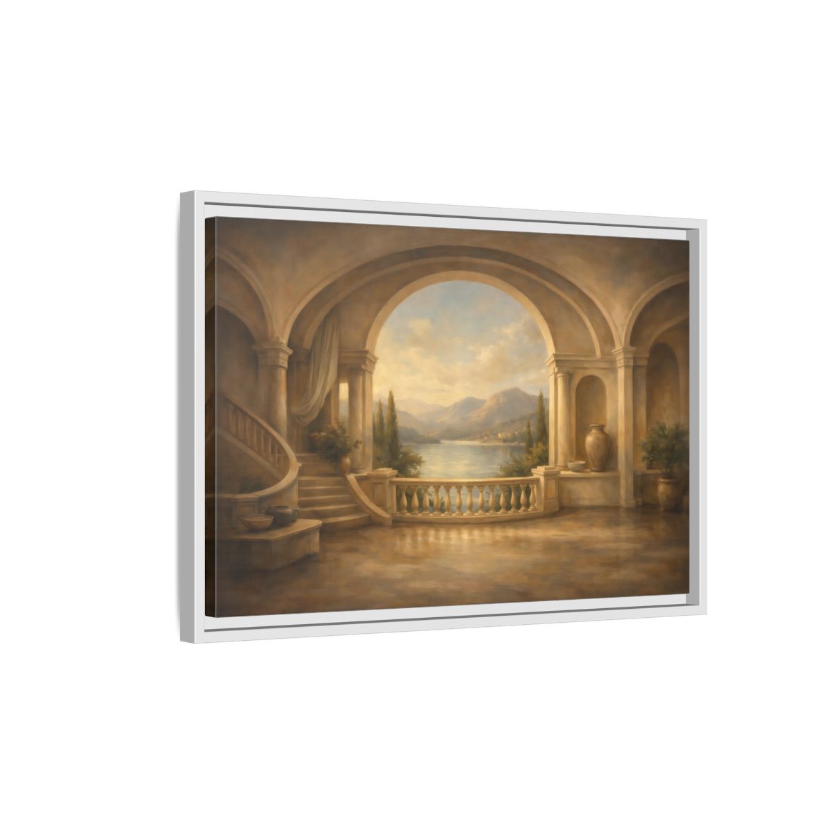 Side Mockup 1. Nature Mountain Lake Earthy Blue shown as stretched canvas wall art