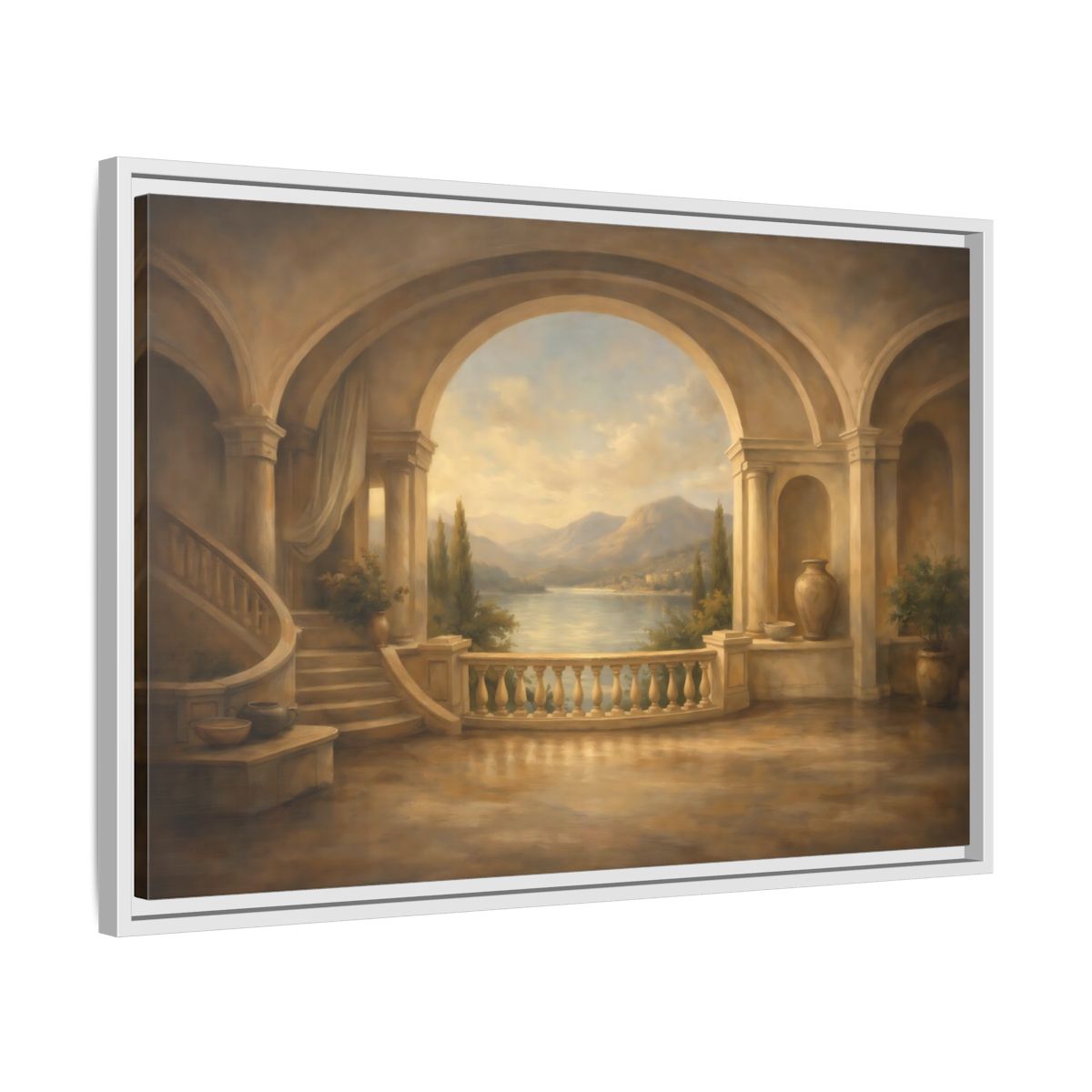 Side Mockup 10. Nature Mountain Lake Earthy Blue shown as stretched canvas wall art