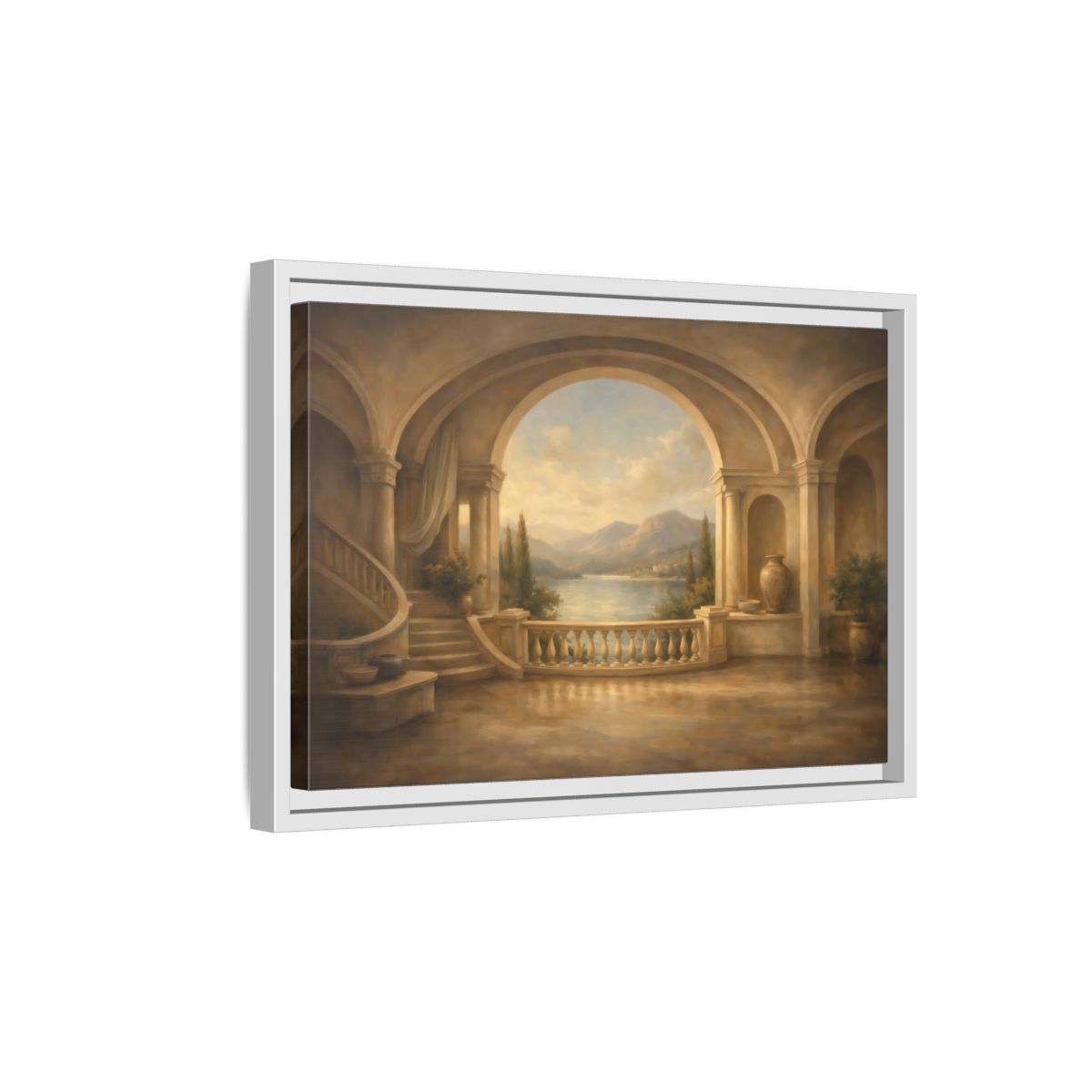 Side Mockup 4. Nature Mountain Lake Earthy Blue shown as stretched canvas wall art