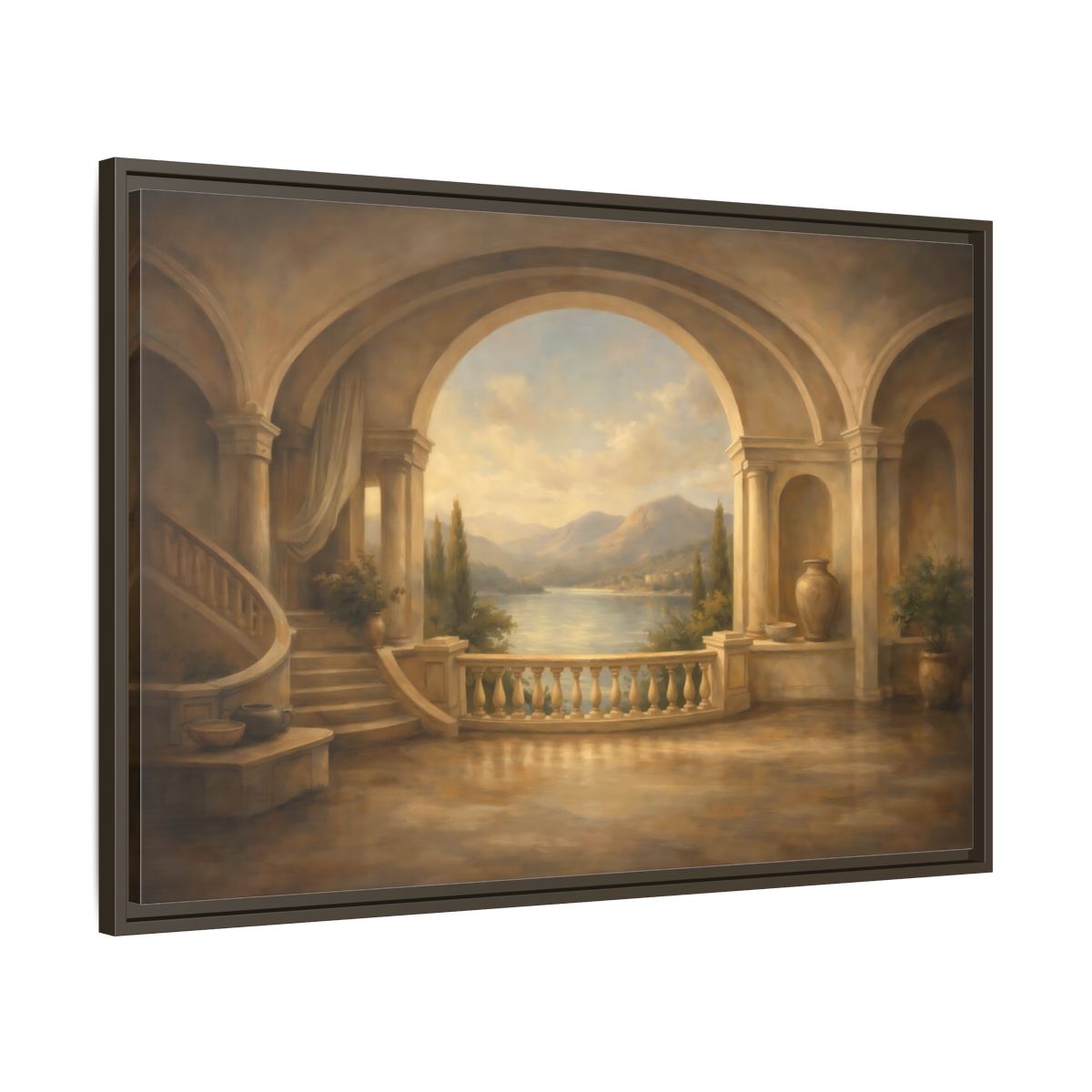 Side Mockup 9. Nature Mountain Lake Earthy Blue shown as stretched canvas wall art