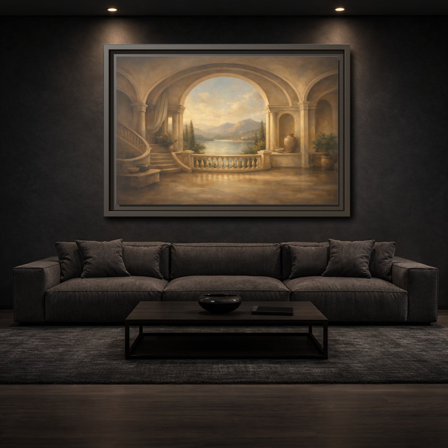Mockup 2. Nature Mountain Lake Earthy Blue shown as stretched canvas wall art