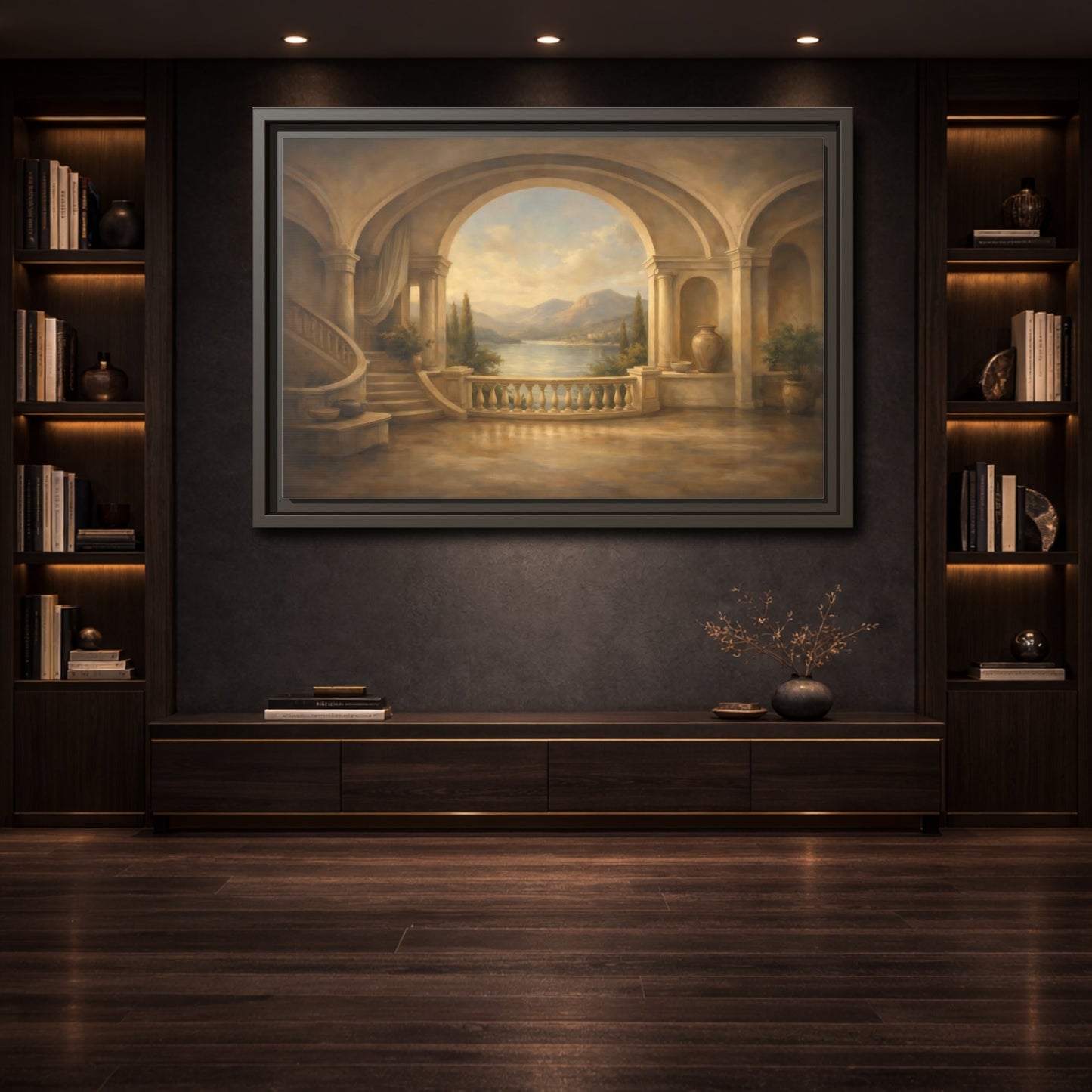 Mockup 3. Nature Mountain Lake Earthy Blue shown as stretched canvas wall art