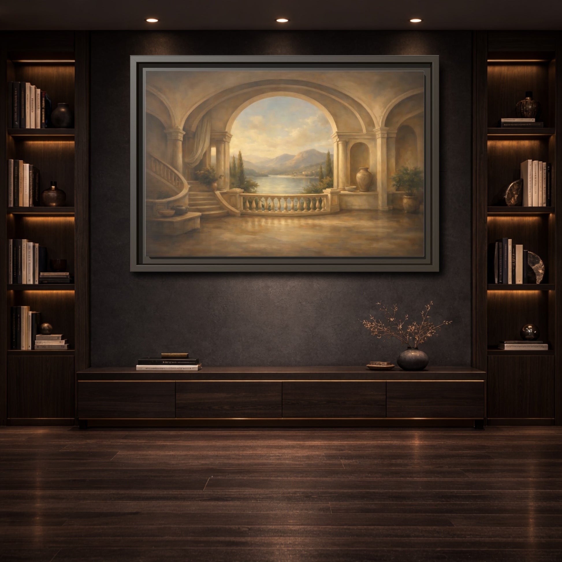 Mockup 3. Nature Mountain Lake Earthy Blue shown as stretched canvas wall art