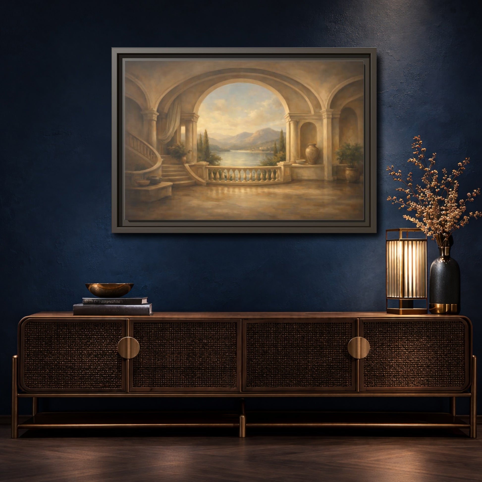 Mockup 4. Nature Mountain Lake Earthy Blue shown as stretched canvas wall art