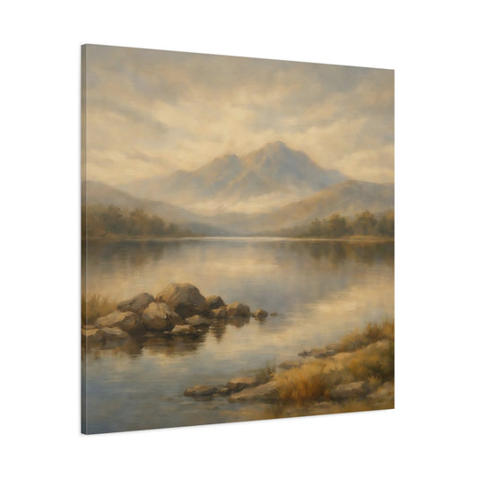 Main Mockup. Nature Mountain Lake Earthy Landscape shown as stretched canvas wall art