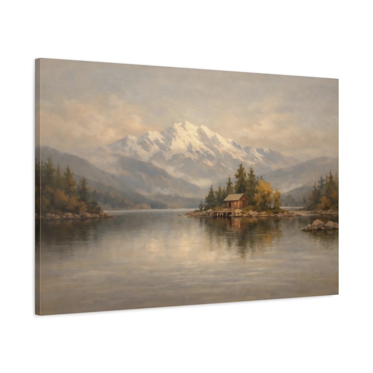 Side Mockup 1. Nature Mountain Lake Earthy Landscape shown as stretched canvas wall art
