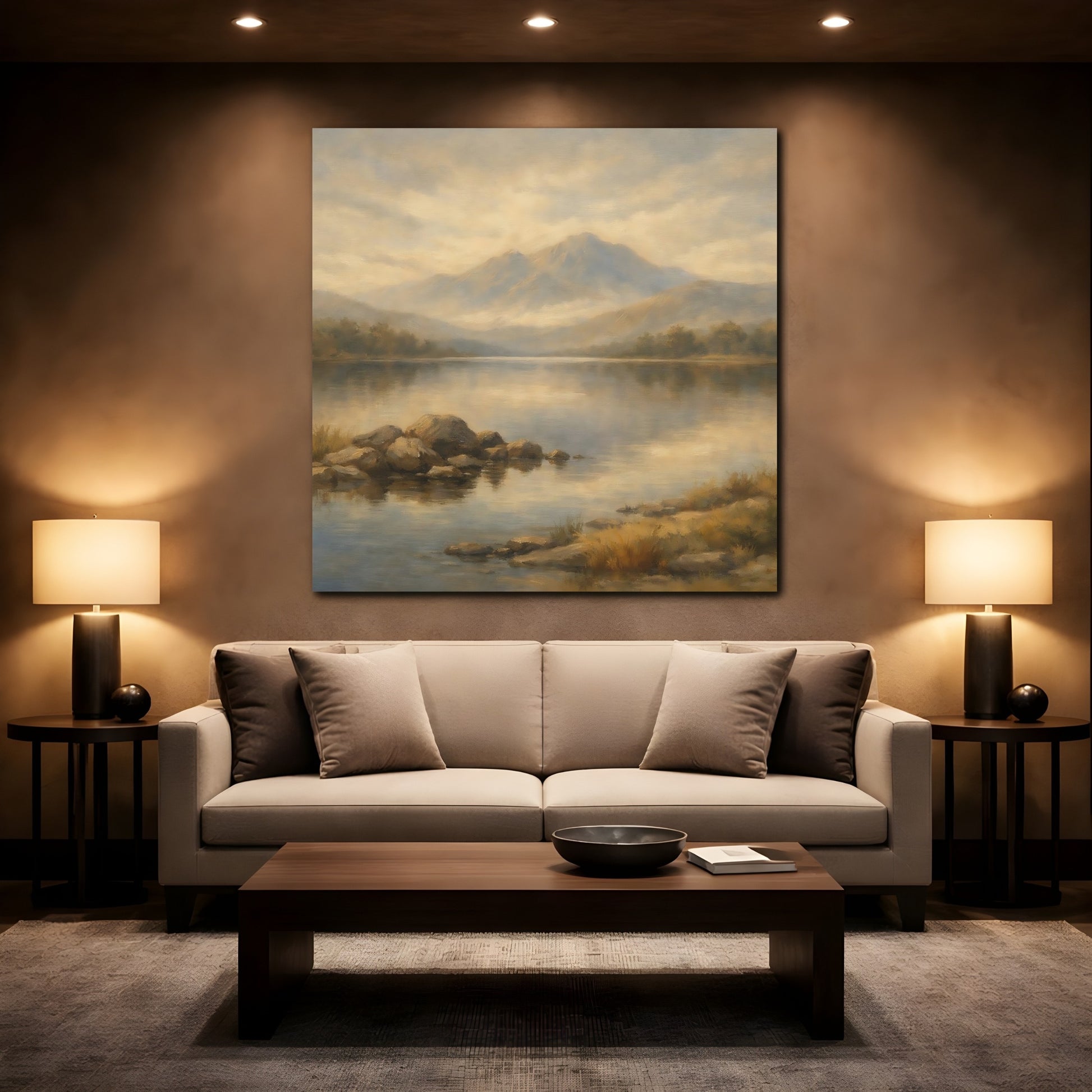 Mockup 2. Nature Mountain Lake Earthy Landscape shown as stretched canvas wall art