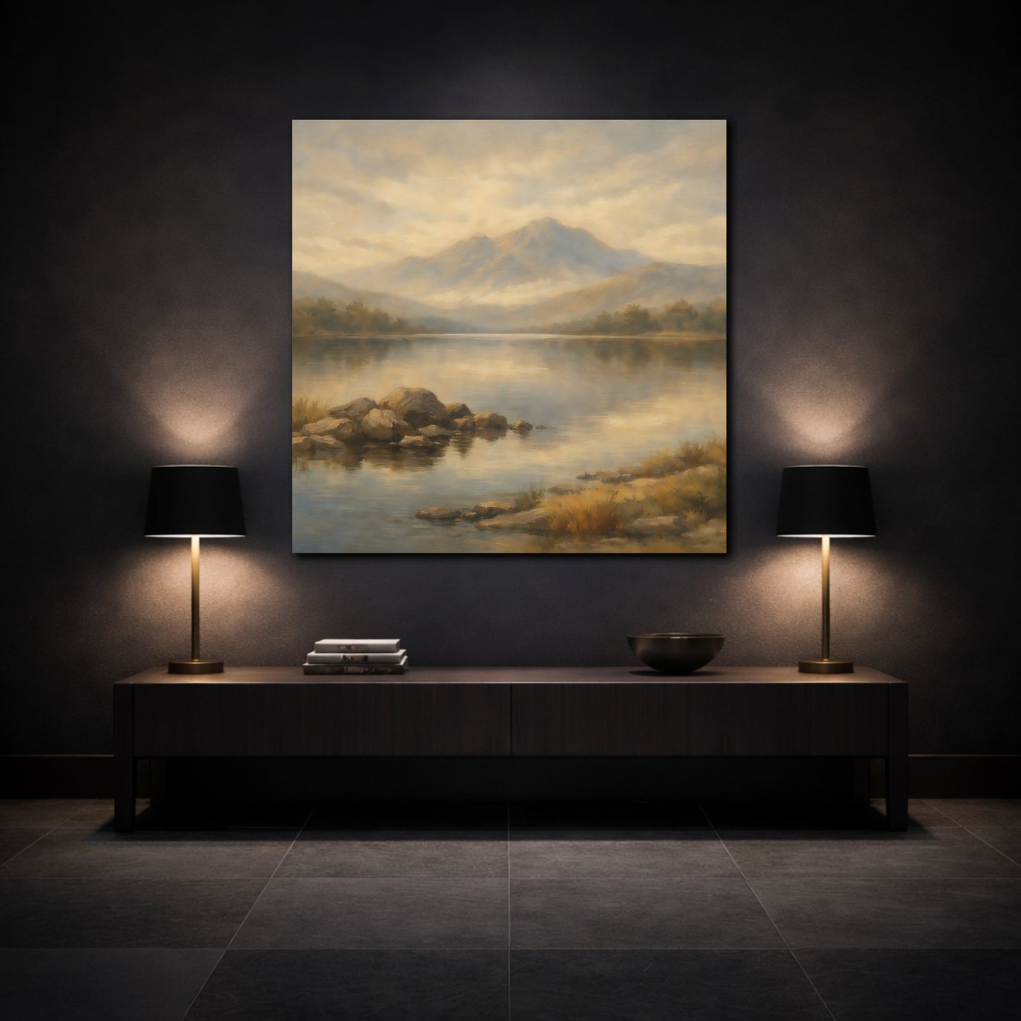 Mockup 3. Nature Mountain Lake Earthy Landscape shown as stretched canvas wall art