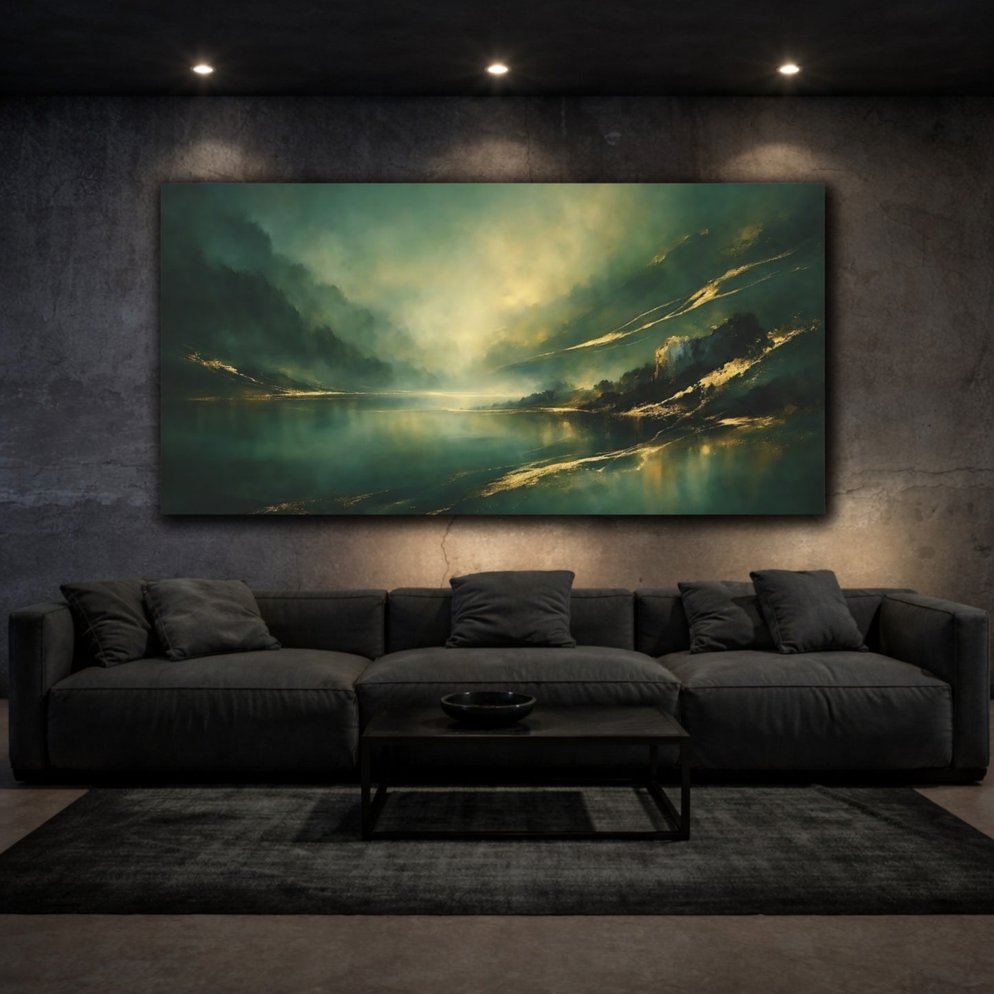 Mockup 2. Nature Mountain Lake Emerald Gold Landscape shown as stretched canvas wall art