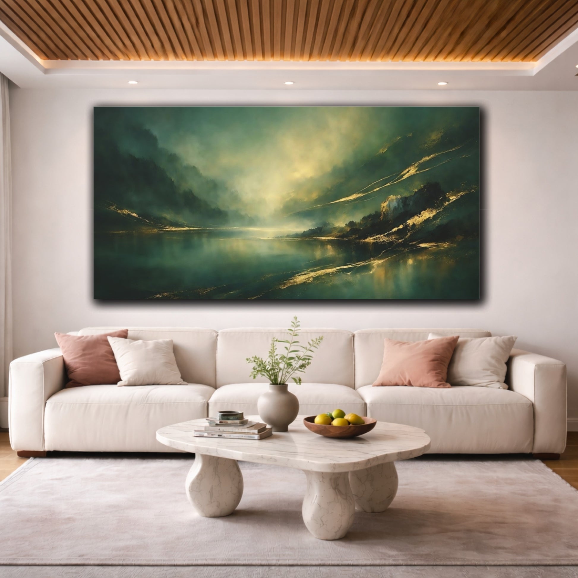 Mockup 3. Nature Mountain Lake Emerald Gold Landscape shown as stretched canvas wall art