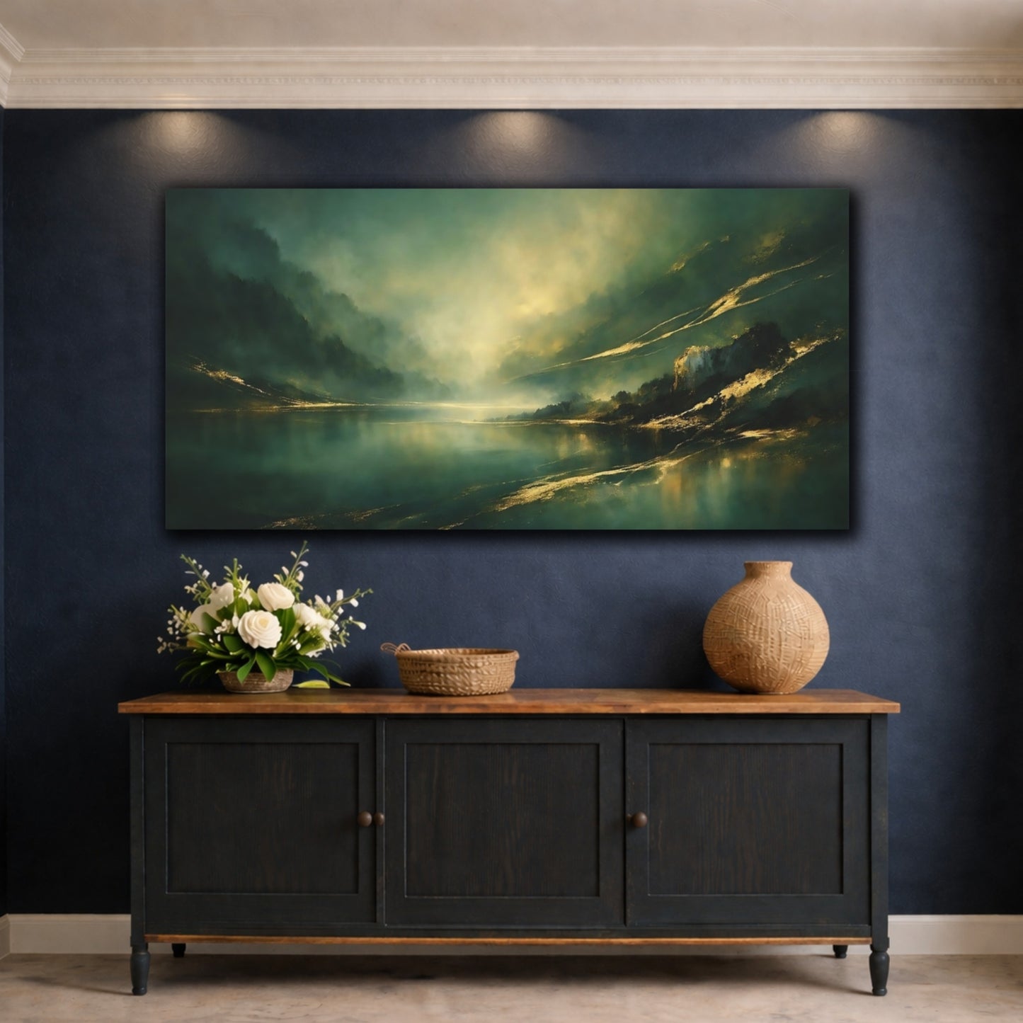 Mockup 4. Nature Mountain Lake Emerald Gold Landscape shown as stretched canvas wall art