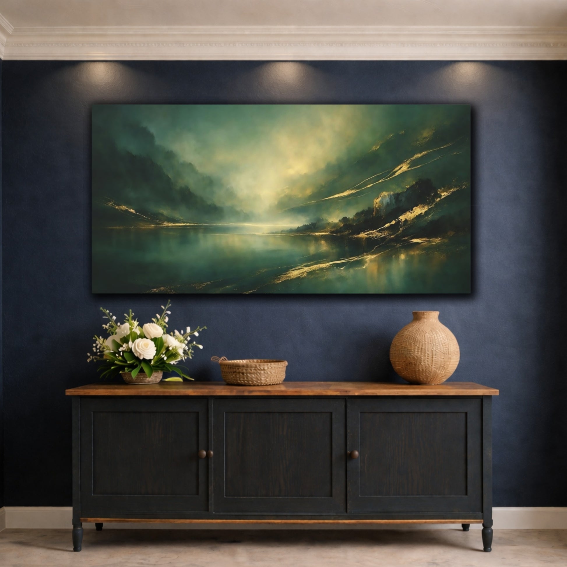 Mockup 4. Nature Mountain Lake Emerald Gold Landscape shown as stretched canvas wall art