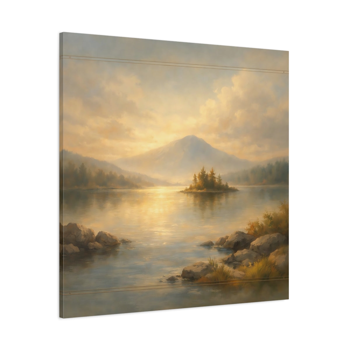 Main Mockup. Nature Mountain Lake Gold And Blue Landscape shown as stretched canvas wall art