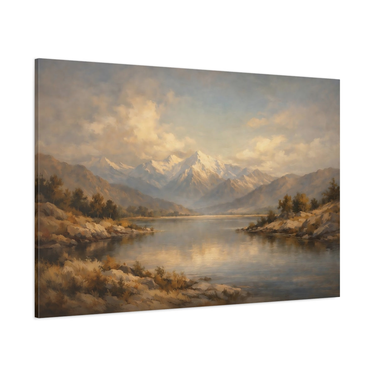 Main Mockup. Nature Mountain Lake Gold And Blue Landscape shown as stretched canvas wall art