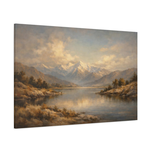 Main Mockup. Nature Mountain Lake Gold And Blue Landscape shown as stretched canvas wall art
