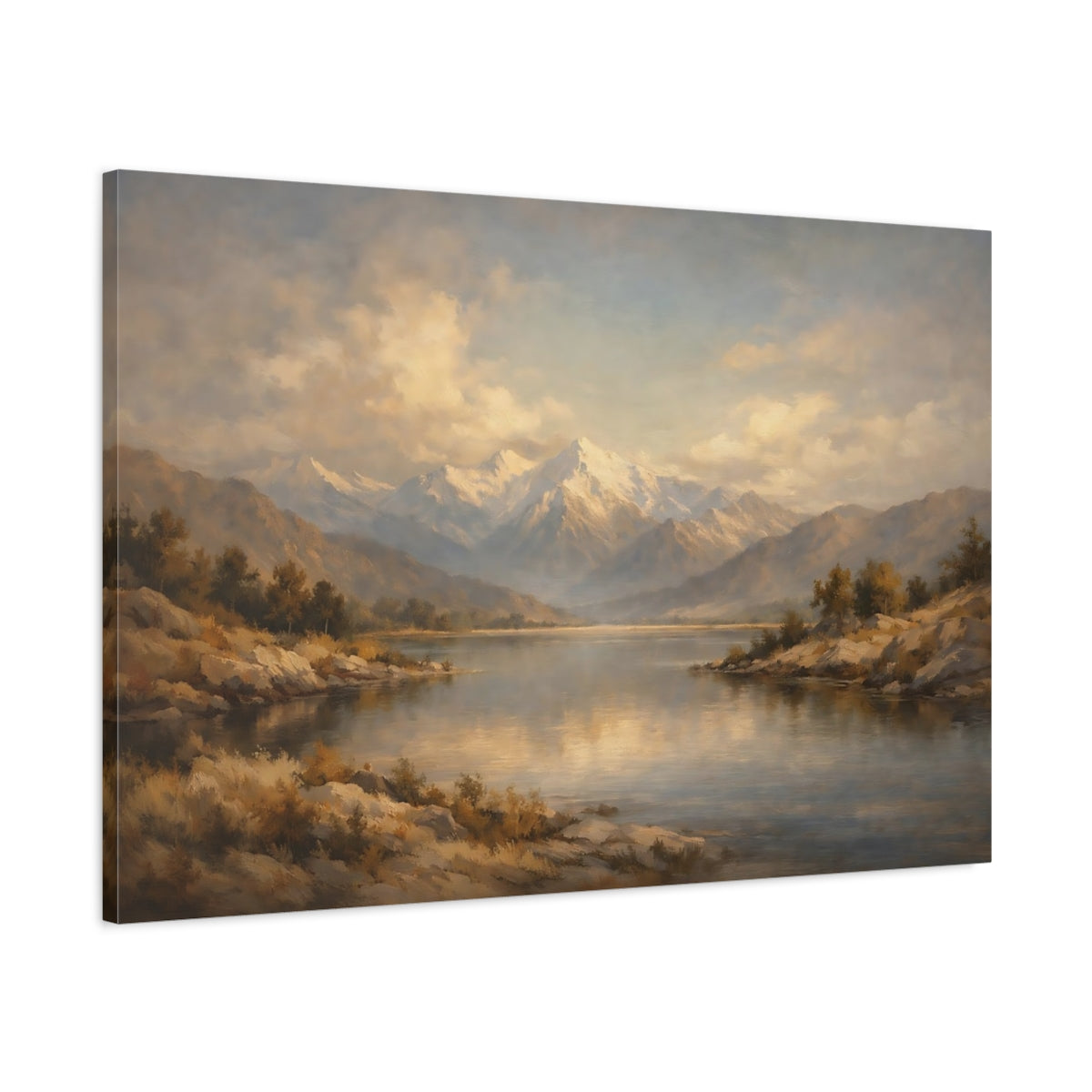 Side Mockup 1. Nature Mountain Lake Gold And Blue Landscape shown as stretched canvas wall art