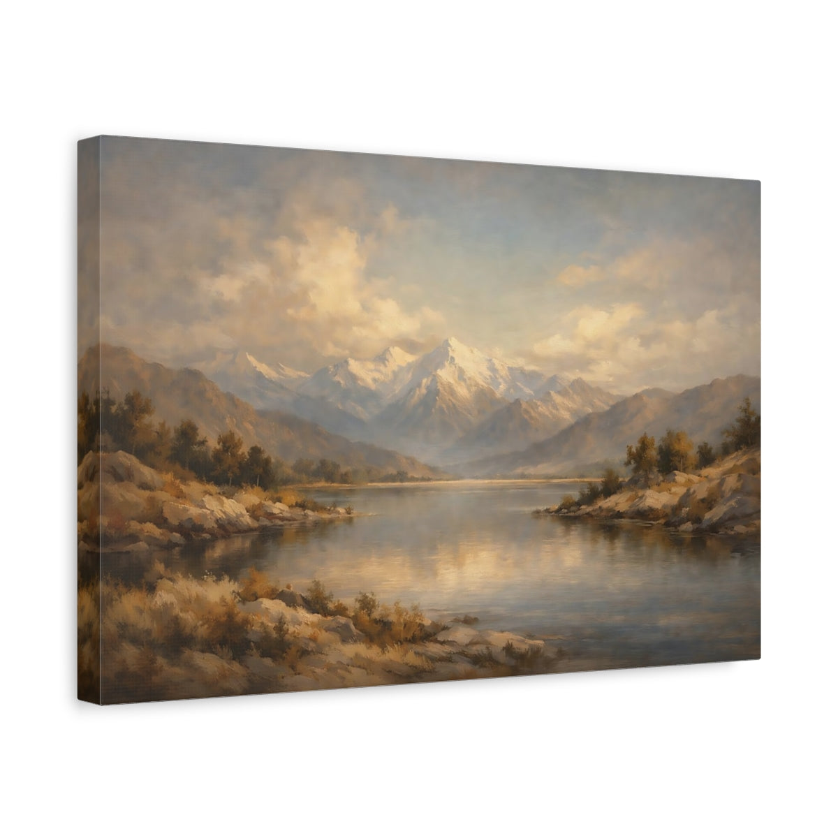 Side Mockup 4. Nature Mountain Lake Gold And Blue Landscape shown as stretched canvas wall art