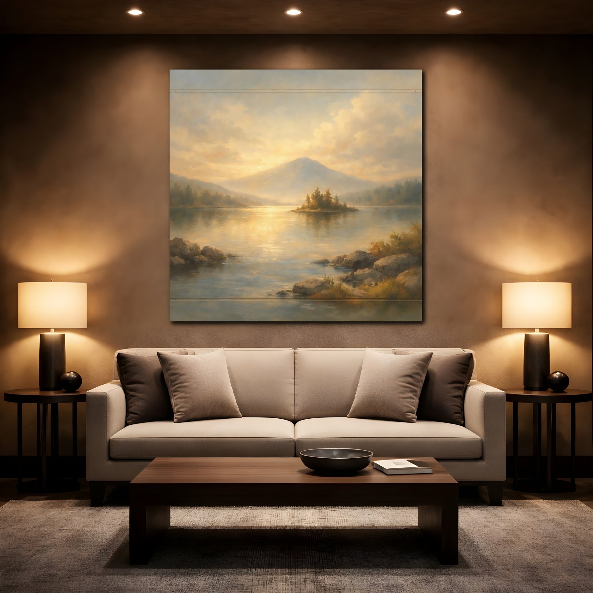 Mockup 2. Nature Mountain Lake Gold And Blue Landscape shown as stretched canvas wall art