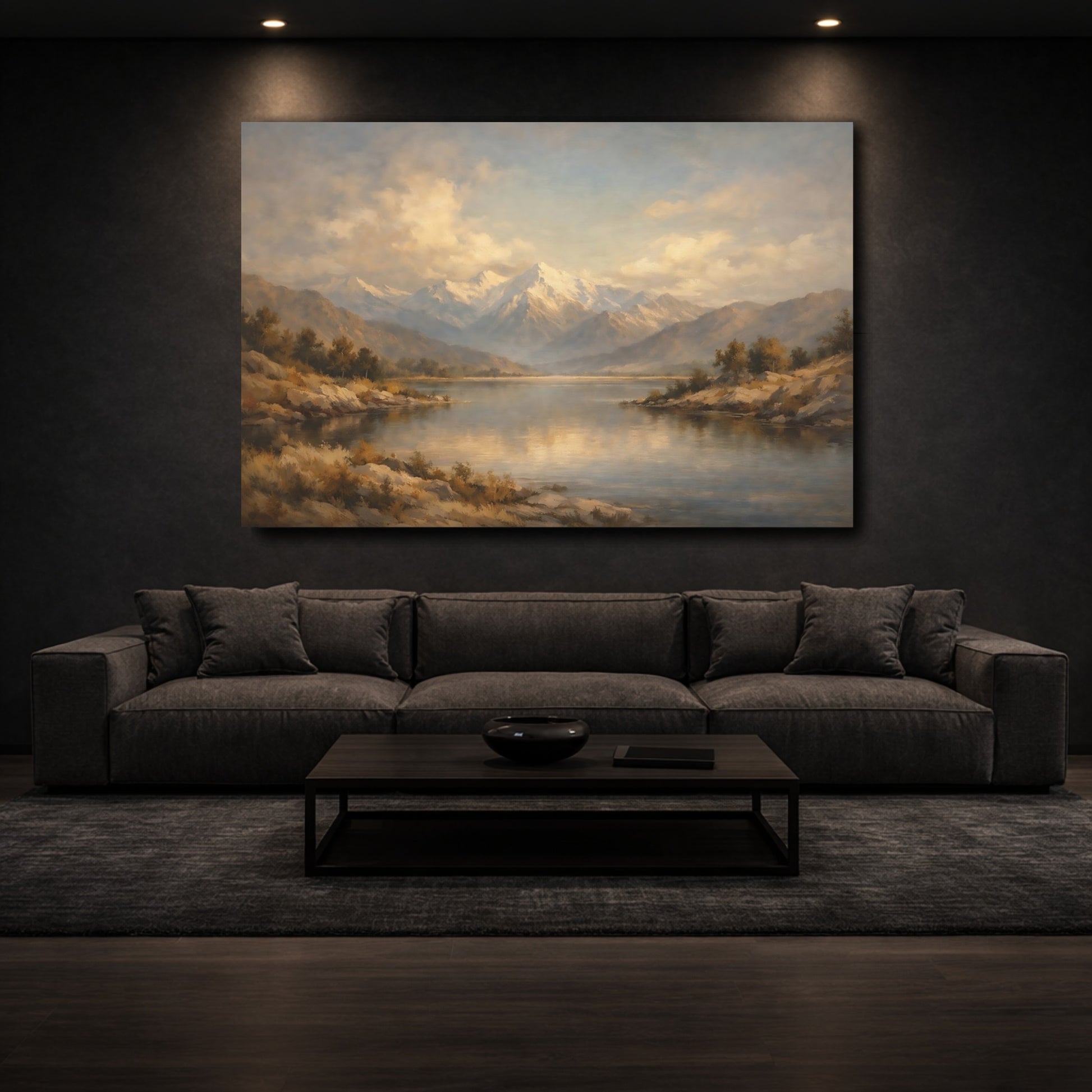 Mockup 2. Nature Mountain Lake Gold And Blue Landscape shown as stretched canvas wall art