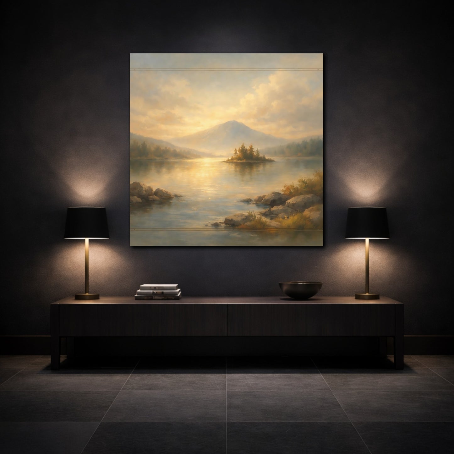 Mockup 3. Nature Mountain Lake Gold And Blue Landscape shown as stretched canvas wall art