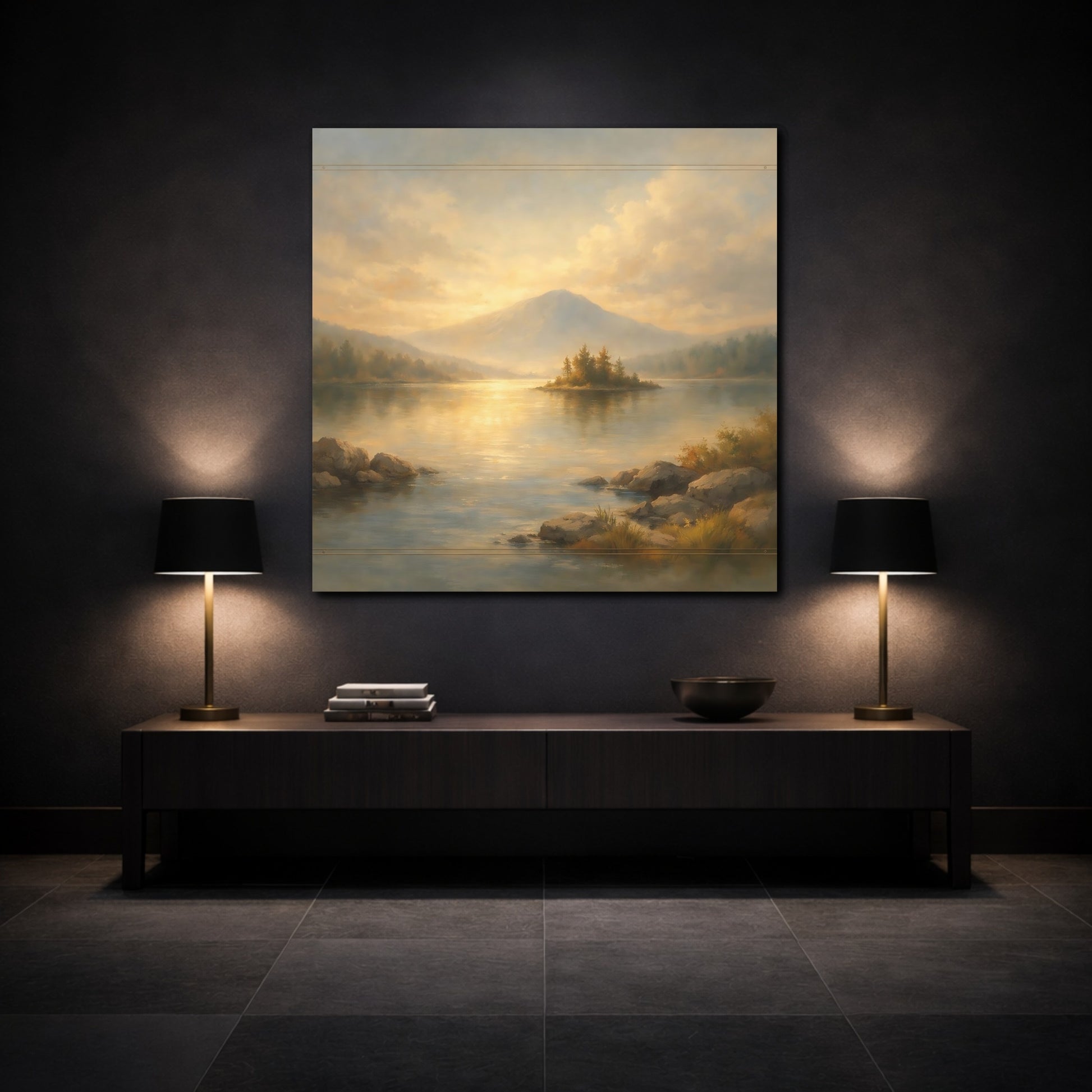 Mockup 3. Nature Mountain Lake Gold And Blue Landscape shown as stretched canvas wall art