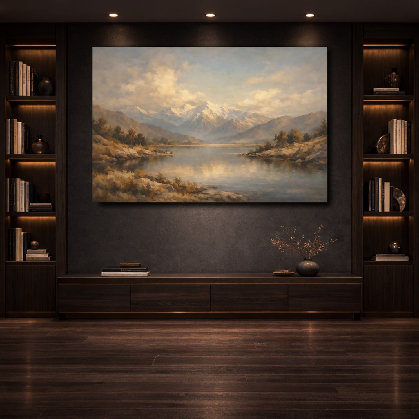 Mockup 3. Nature Mountain Lake Gold And Blue Landscape shown as stretched canvas wall art