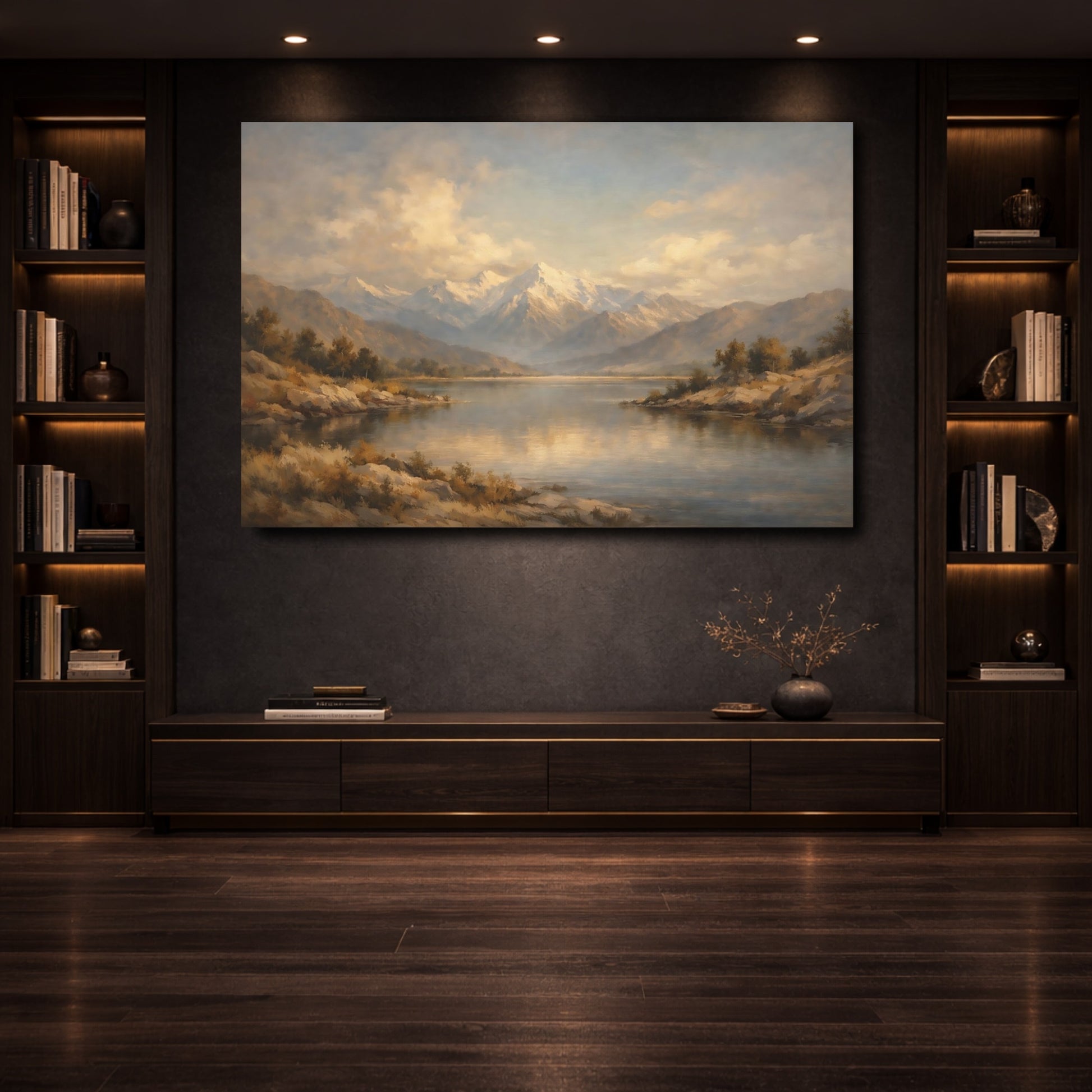 Mockup 3. Nature Mountain Lake Gold And Blue Landscape shown as stretched canvas wall art