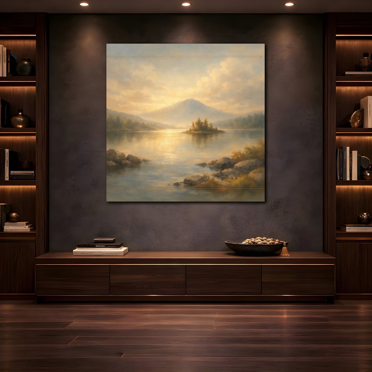 Mockup 4. Nature Mountain Lake Gold And Blue Landscape shown as stretched canvas wall art
