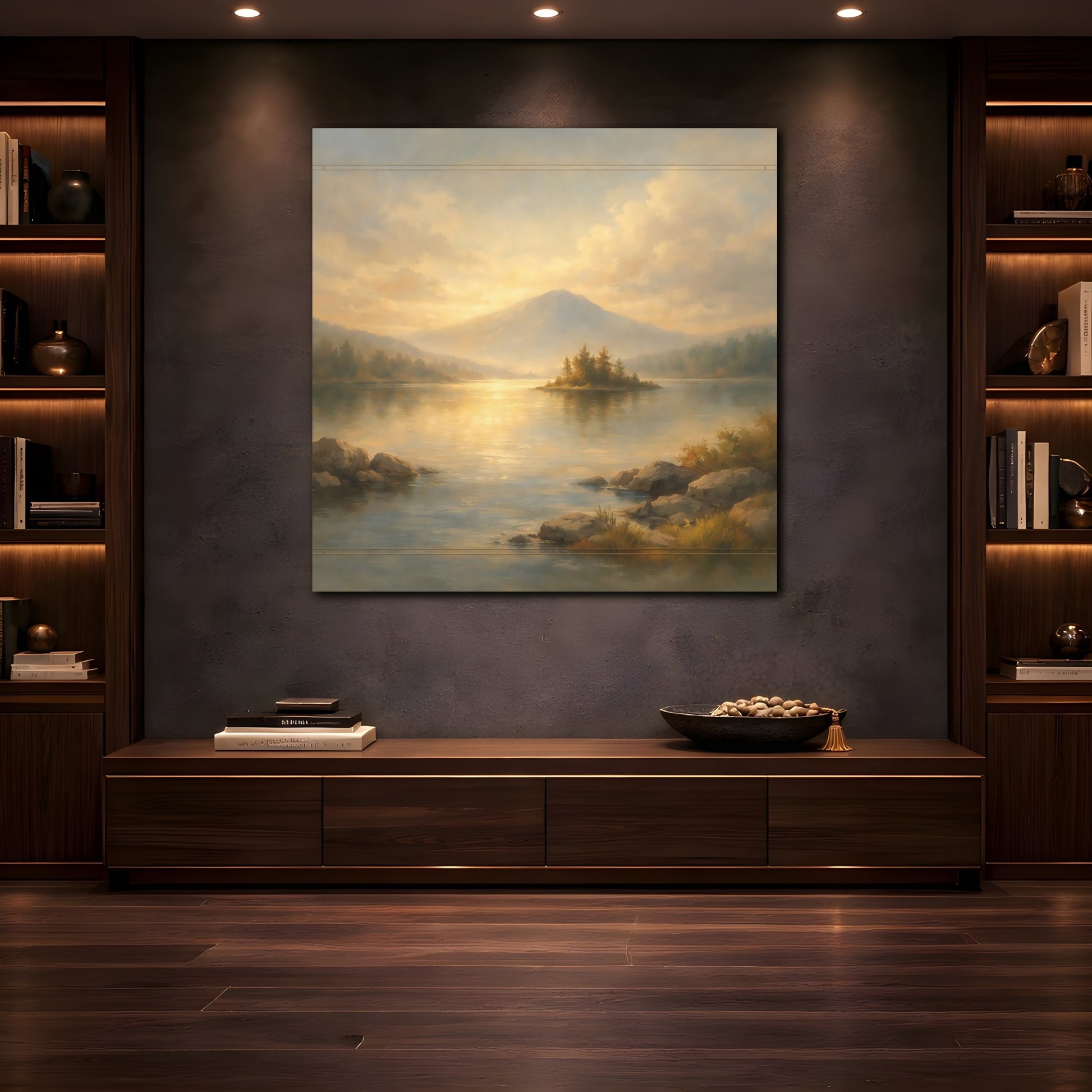 Mockup 4. Nature Mountain Lake Gold And Blue Landscape shown as stretched canvas wall art