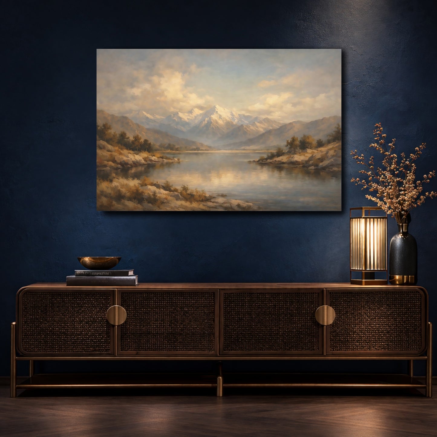 Mockup 4. Nature Mountain Lake Gold And Blue Landscape shown as stretched canvas wall art