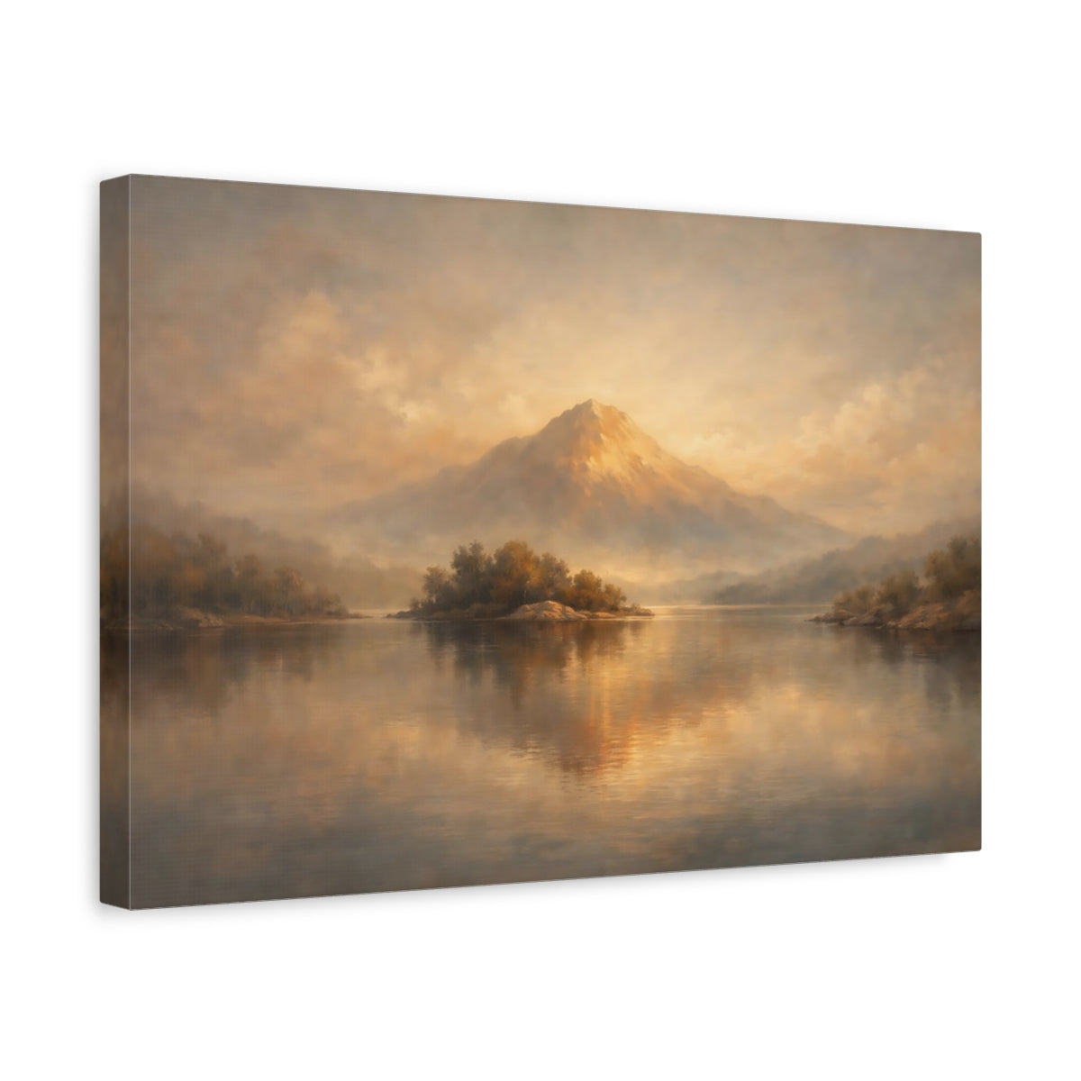 Side Mockup 4. Nature Mountain Lake Golden Brown Landscape shown as stretched canvas wall art