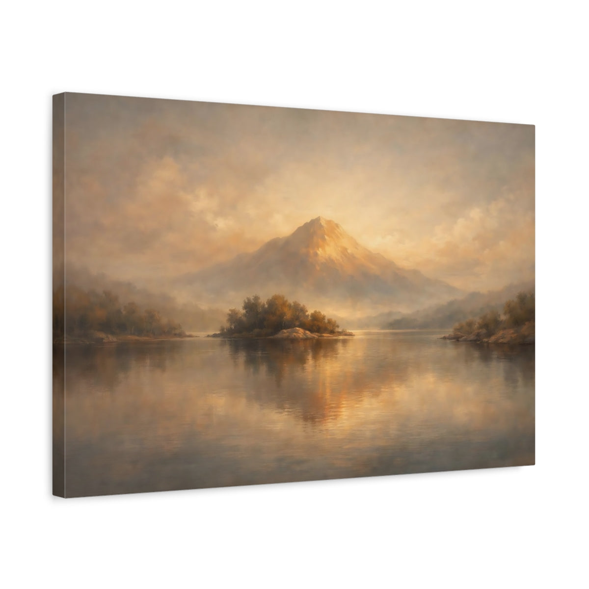 Side Mockup 3. Nature Mountain Lake Golden Brown Landscape shown as stretched canvas wall art