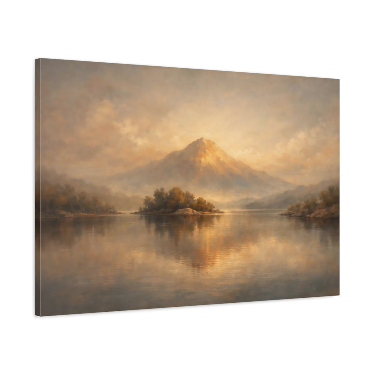Side Mockup 1. Nature Mountain Lake Golden Brown Landscape shown as stretched canvas wall art