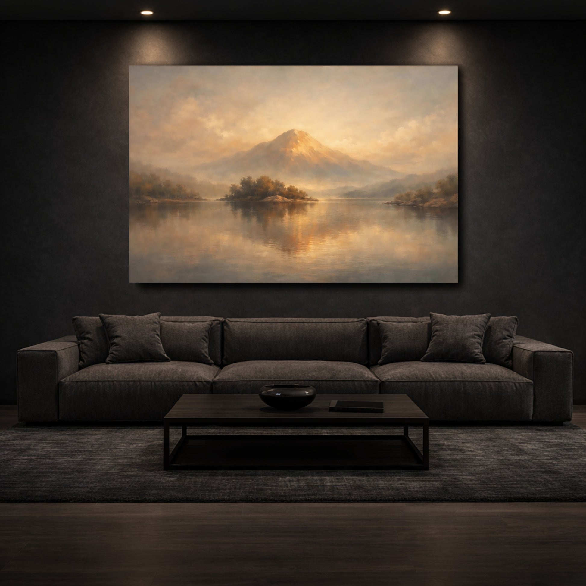 Mockup 2. Nature Mountain Lake Golden Brown Landscape shown as stretched canvas wall art